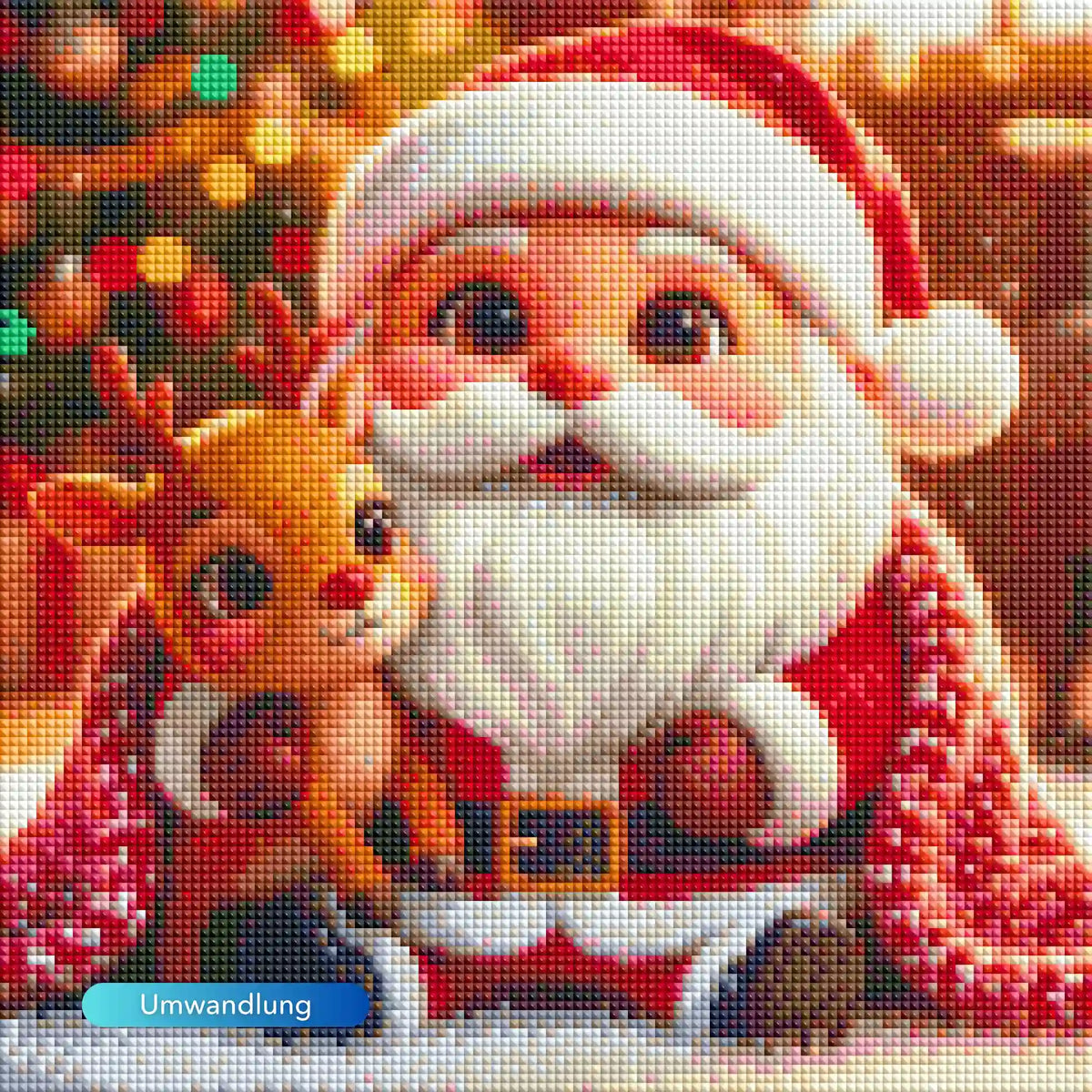 Diamond Painting Set mit Weihnachtsmann und Rentier vor einem leuchtenden Weihnachtsbaum für eine gemütliche Winterzeit.