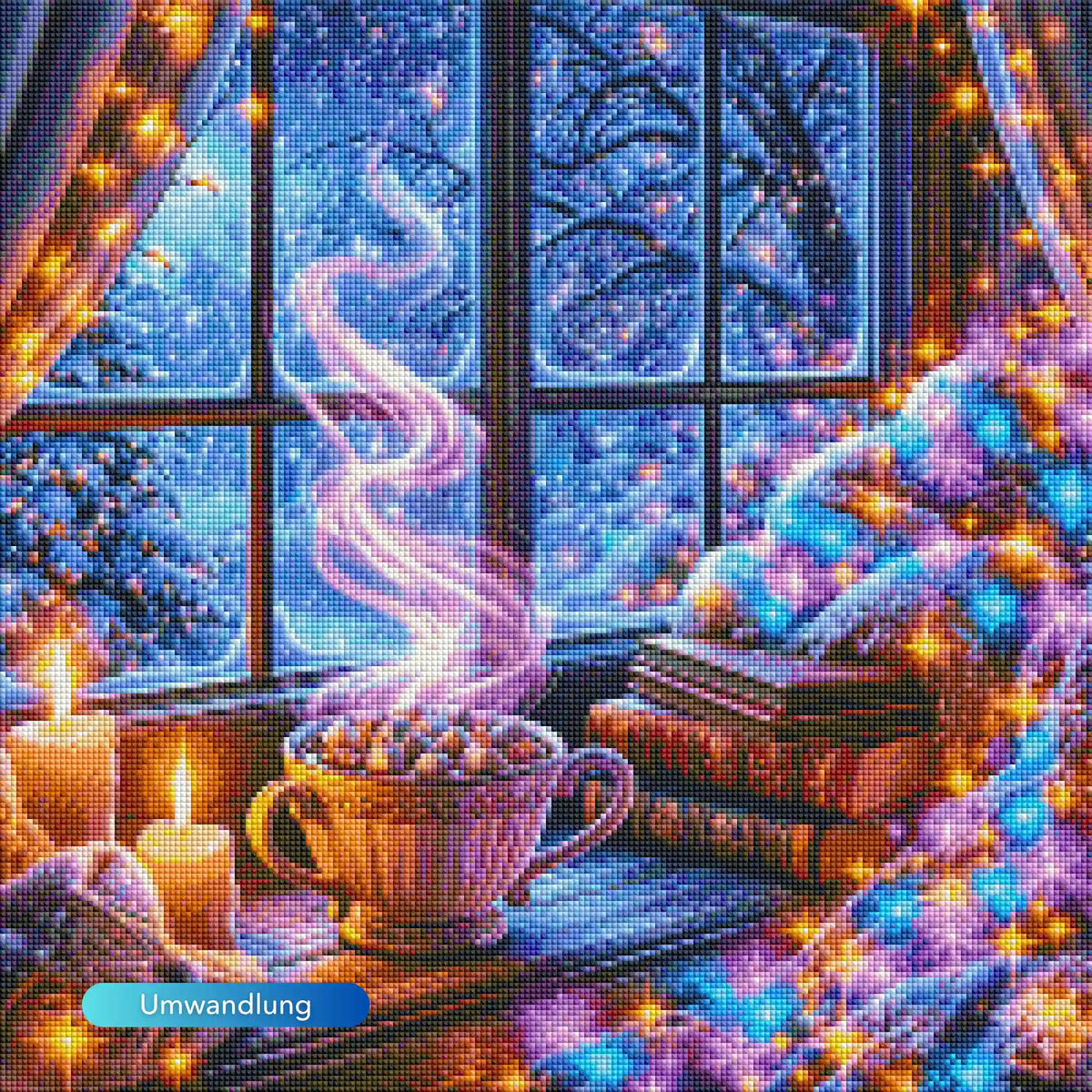 Diamond Painting Set Weihnachtszauber: Gemütliche Winterlandschaft mit Kakao, Büchern, Kerzen und Lichterkette am Fenster.