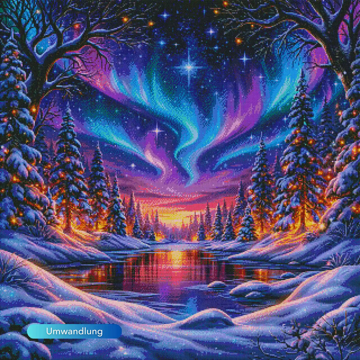 XXL Diamond Painting einer magischen Winterlandschaft mit Polarlichtern, verschneitem Tannenwald und Sternenhimmel.