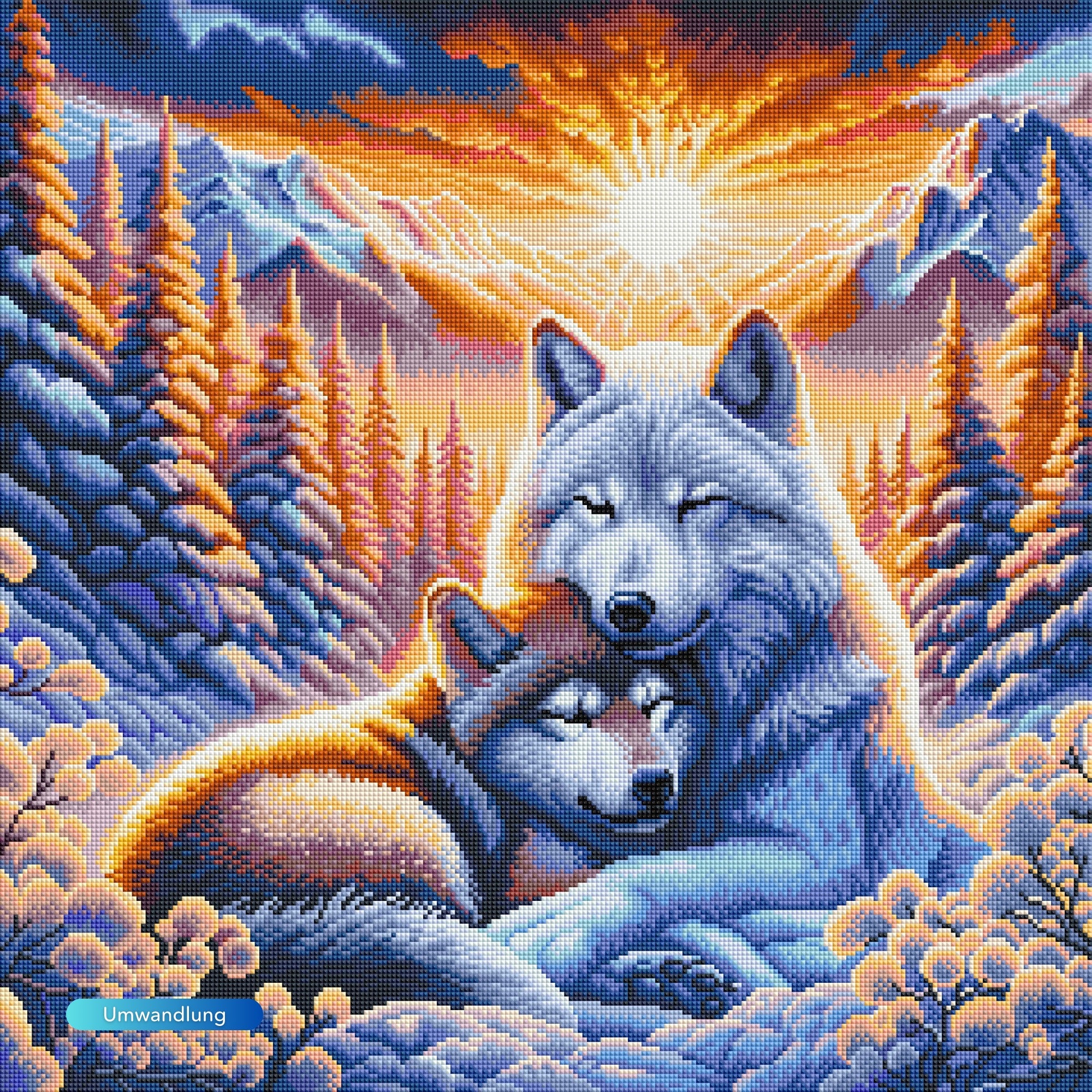 Diamond Painting - Wolfliebe im Sonnenaufgang