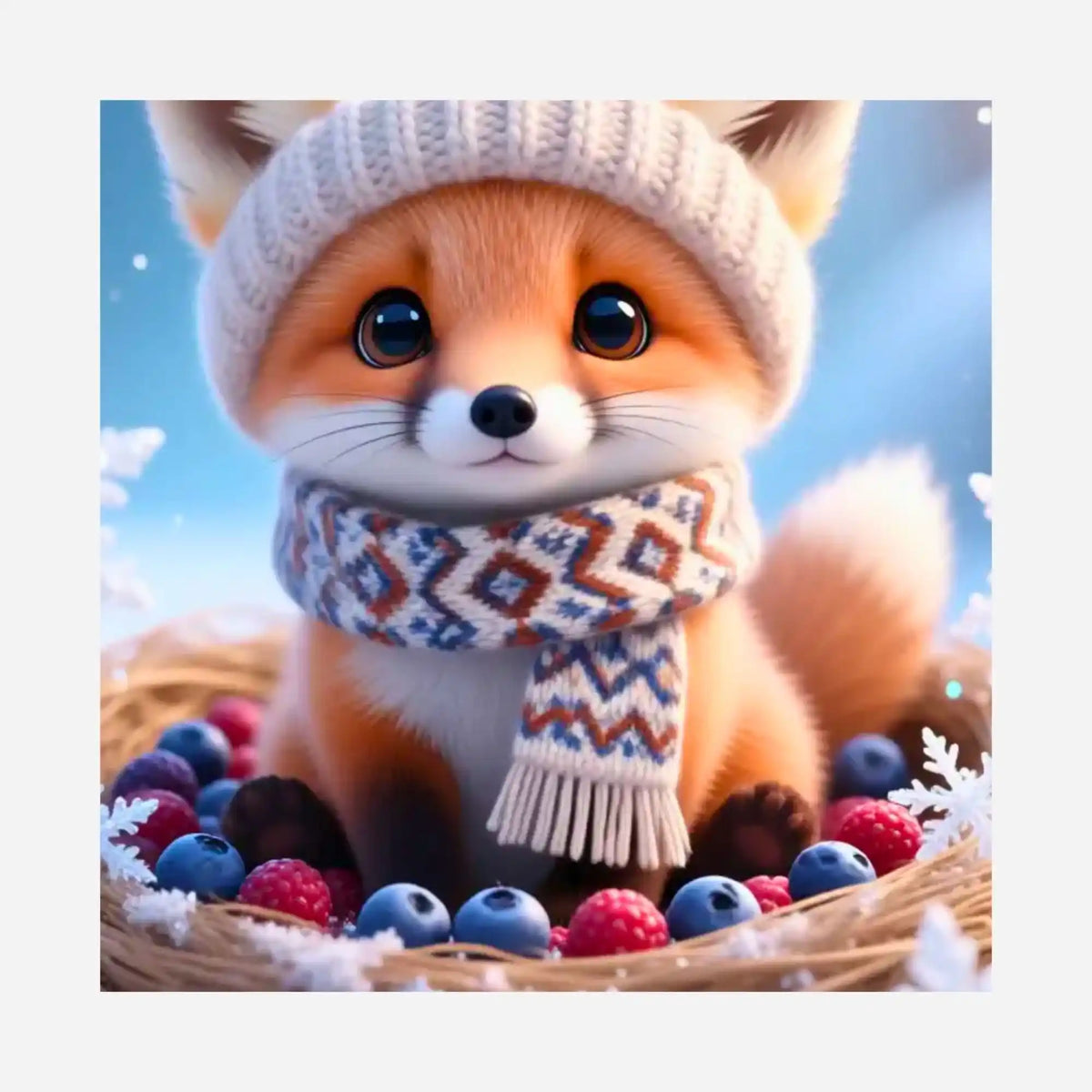 Diamond Painting Silikonpapier Tavi: Süßer kleiner Fuchs mit Wintermütze und Schal im Beerennest