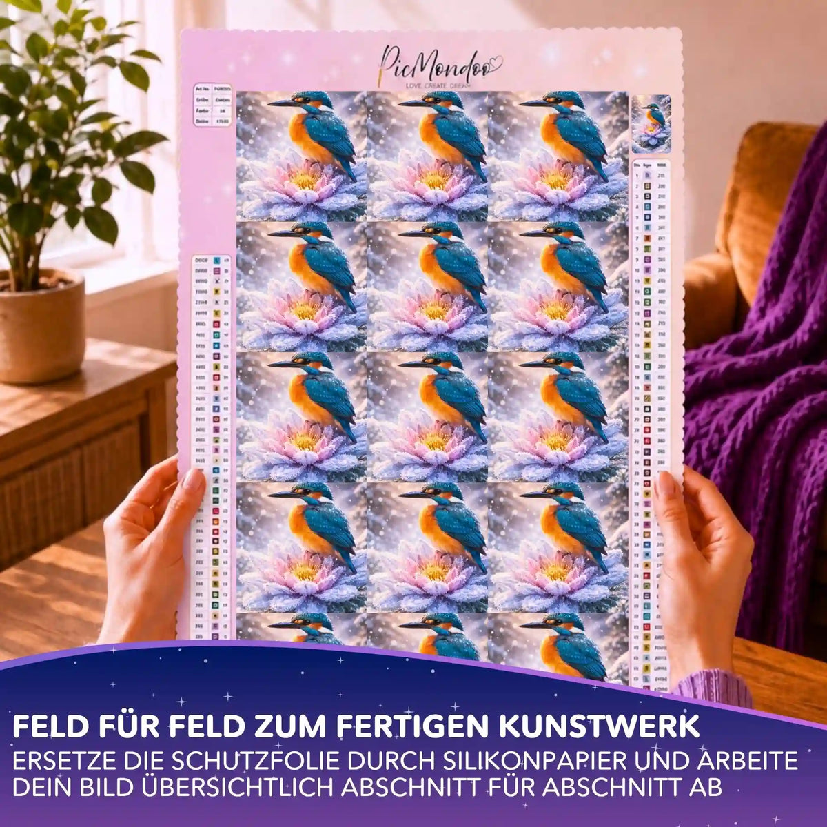 Picmondoo Diamond Painting Leinwand mit Eisvogel-Motiv abgedeckt durch Silikonpapier-Zuschnitte in Feldern