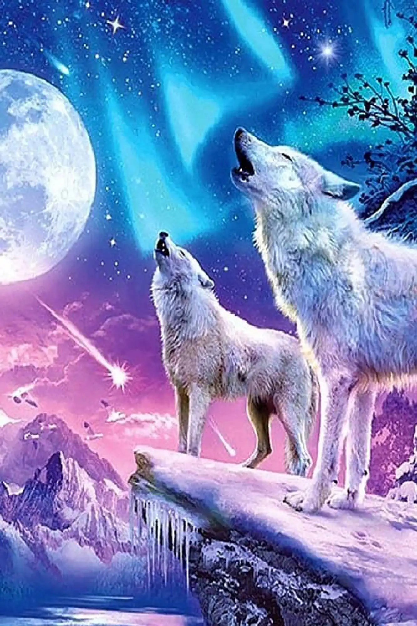 Diamond Painting Leuchtbild Special - Weiße Wölfe im Winterland