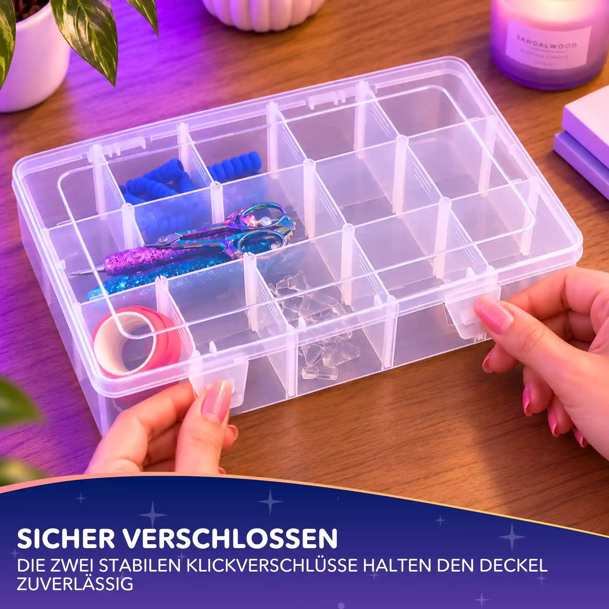 Transparente Diamond Painting Aufbewahrungsbox mit 15 Fächern und Klickverschluss für Zubehör
