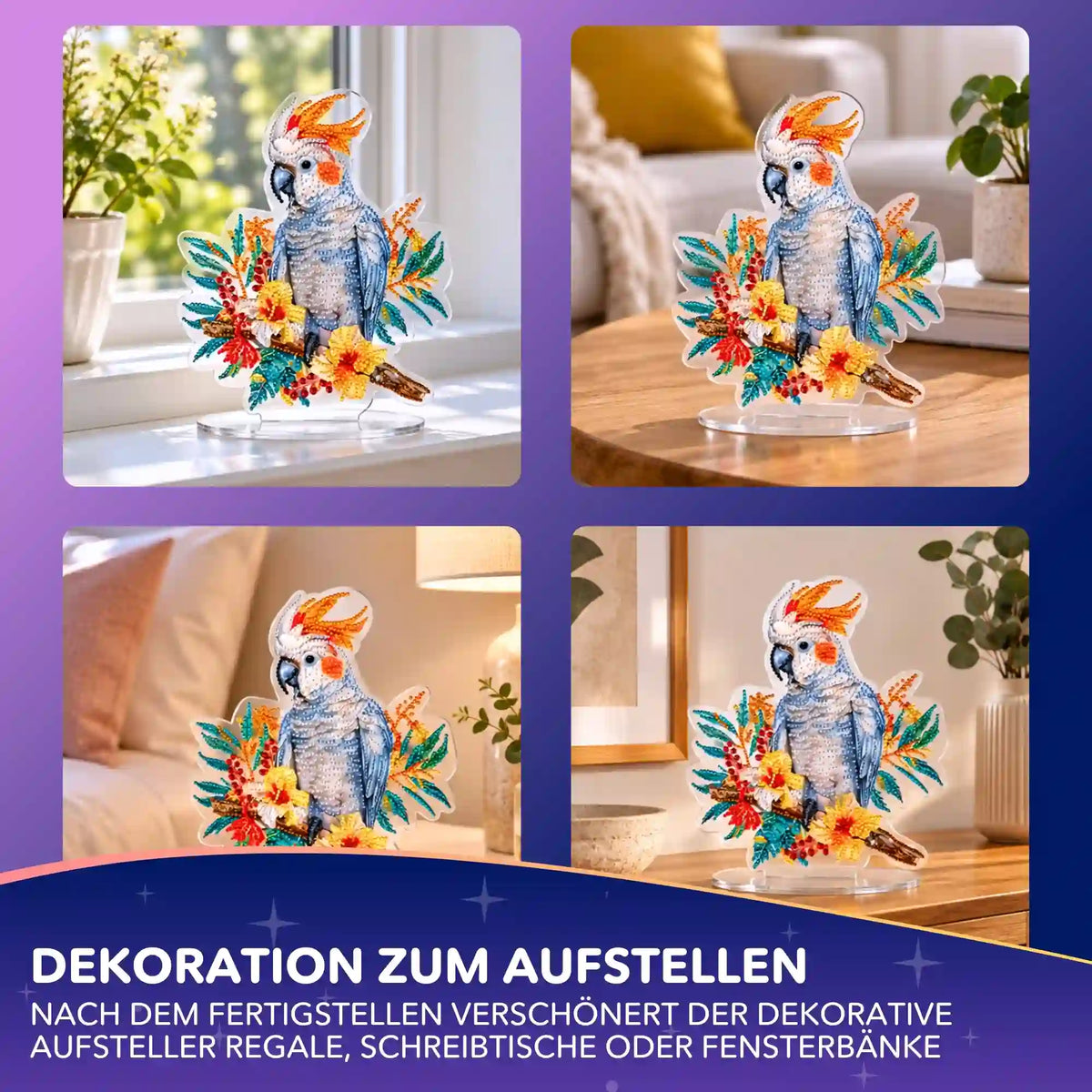 Diamond Painting Aufsteller Kakadu: Funkelnder Acryl-Dekoaufsteller mit buntem Papagei und Blumen für den Tisch.