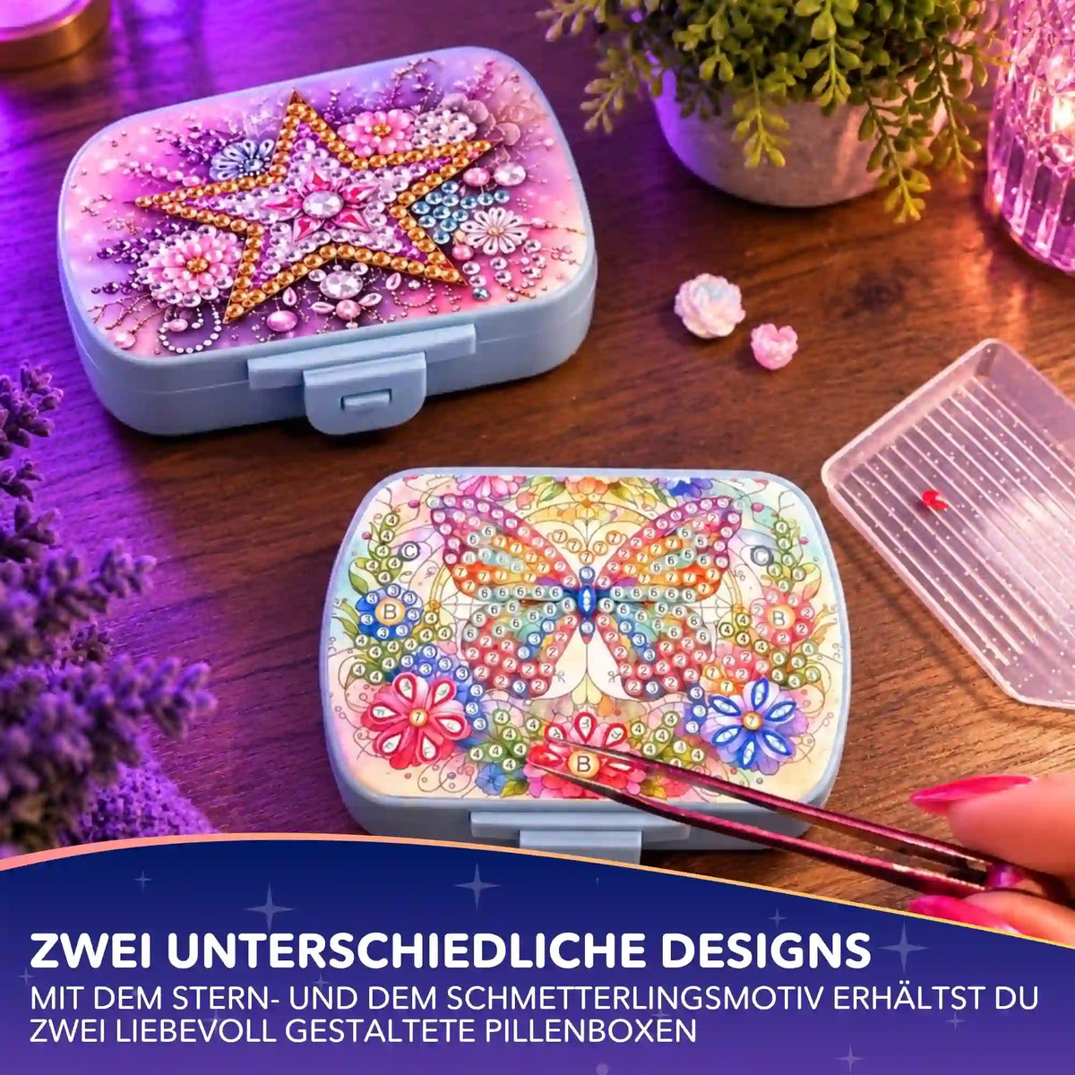 Diamond Painting Pillenboxen 2er-Set von Picmondoo mit funkelndem Stern- und Schmetterlingsmotiv.