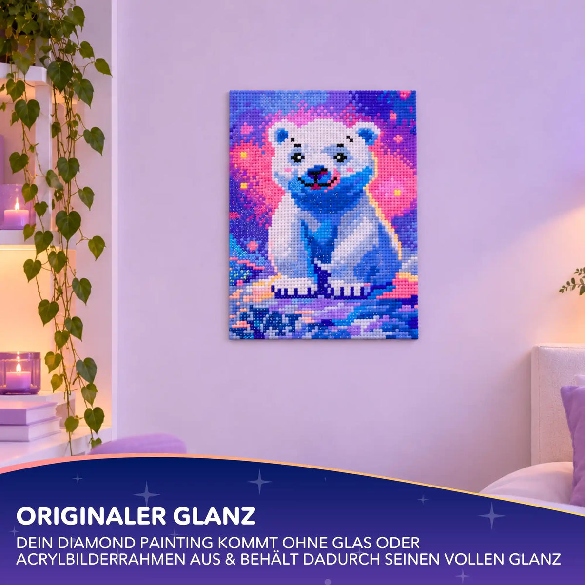 Diamond Painting Eisbär rahmenlos mit magnetischer Wandaufhängung an der Wand dekoriert