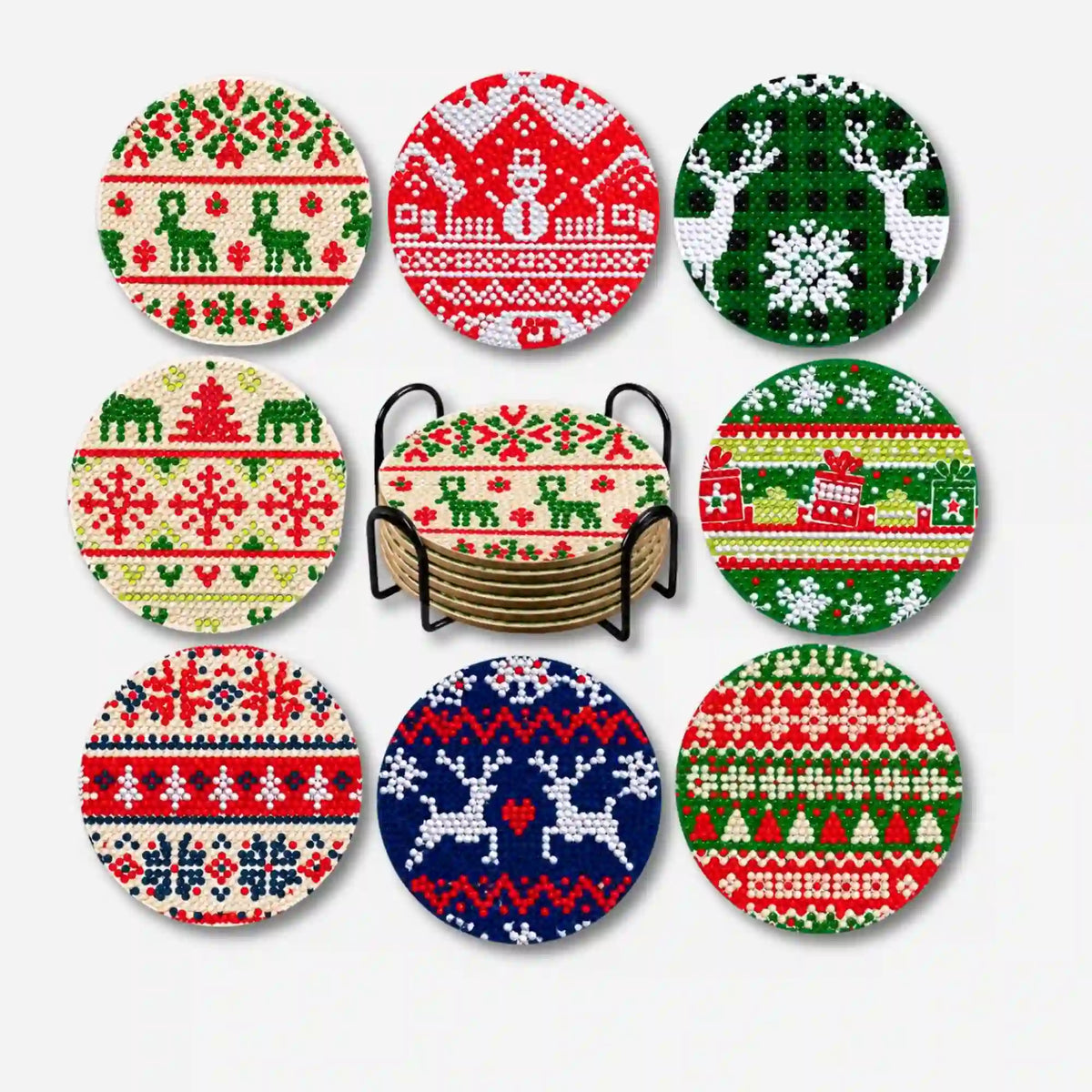 Diamond Painting Untersetzer Set mit bunten Weihnachtsmotiven wie Rentieren und Schneemann inklusive Halter