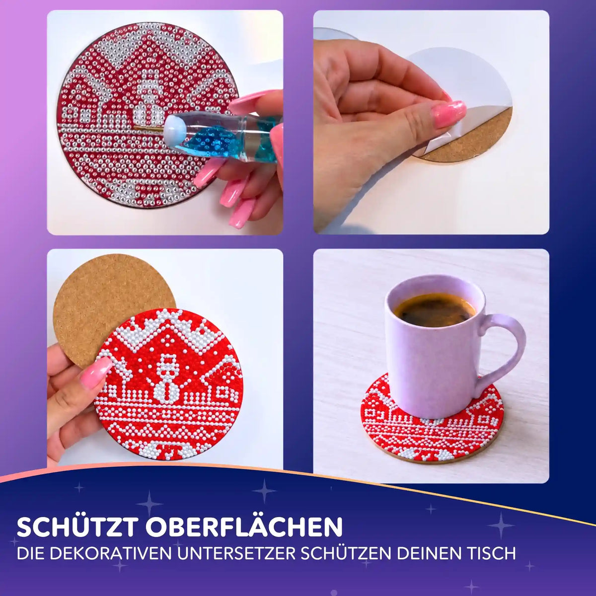 Diamond Painting Untersetzer Set Weihnachten: Schneemann-Motiv mit Glitzersteinen, Korkboden und Kaffeetasse