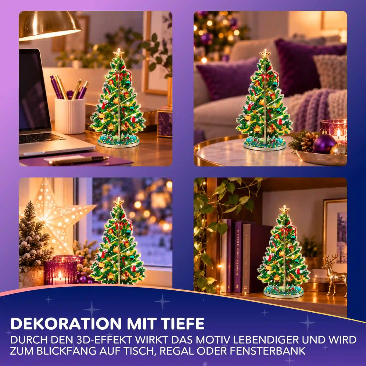 3D Diamond Painting Weihnachtsbaum Aufsteller als funkelnde Weihnachtsdeko auf Tisch und Fensterbank
