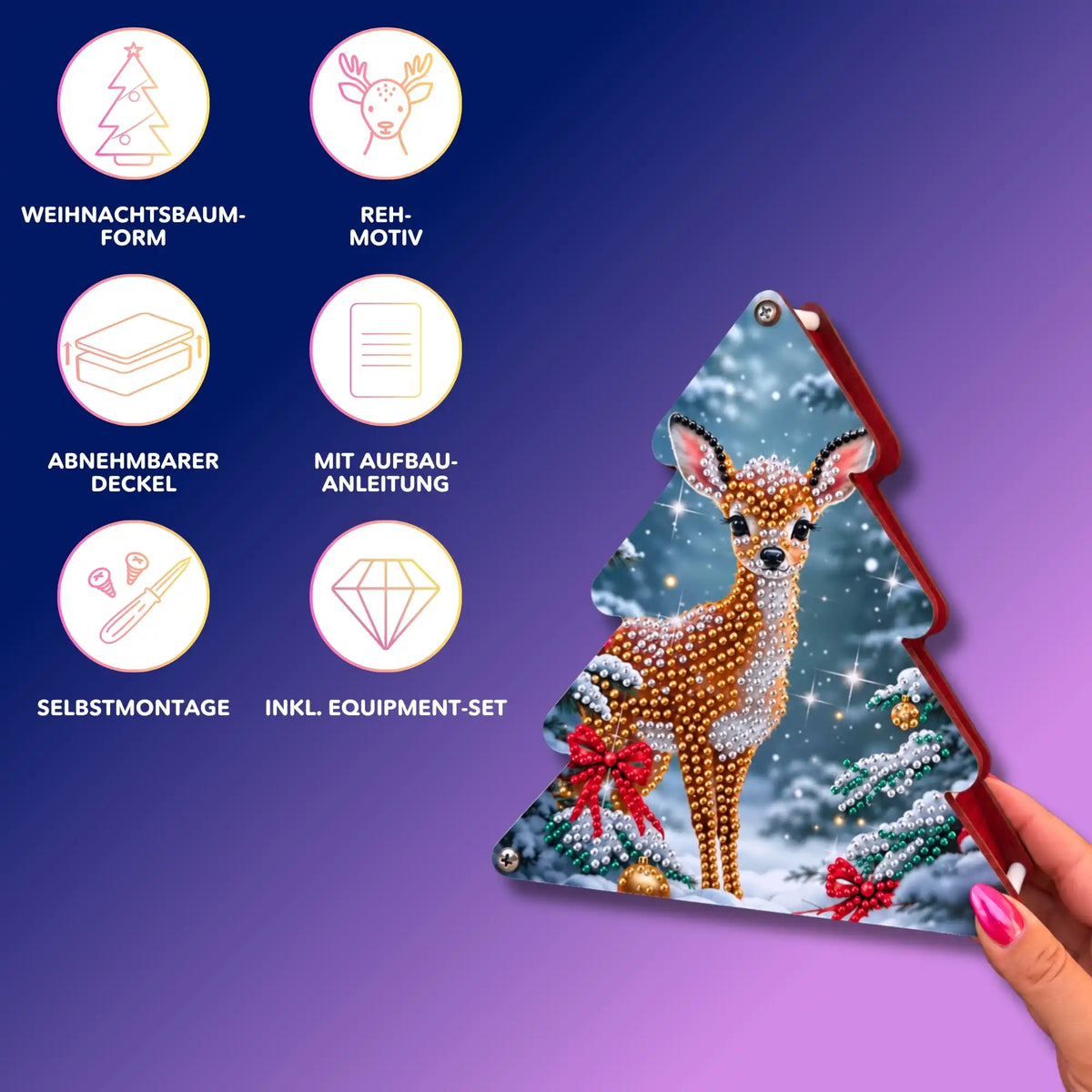 Diamond Painting Aufbewahrungsbox in Weihnachtsbaum-Form mit funkelndem Reh-Motiv aus Glitzersteinen.