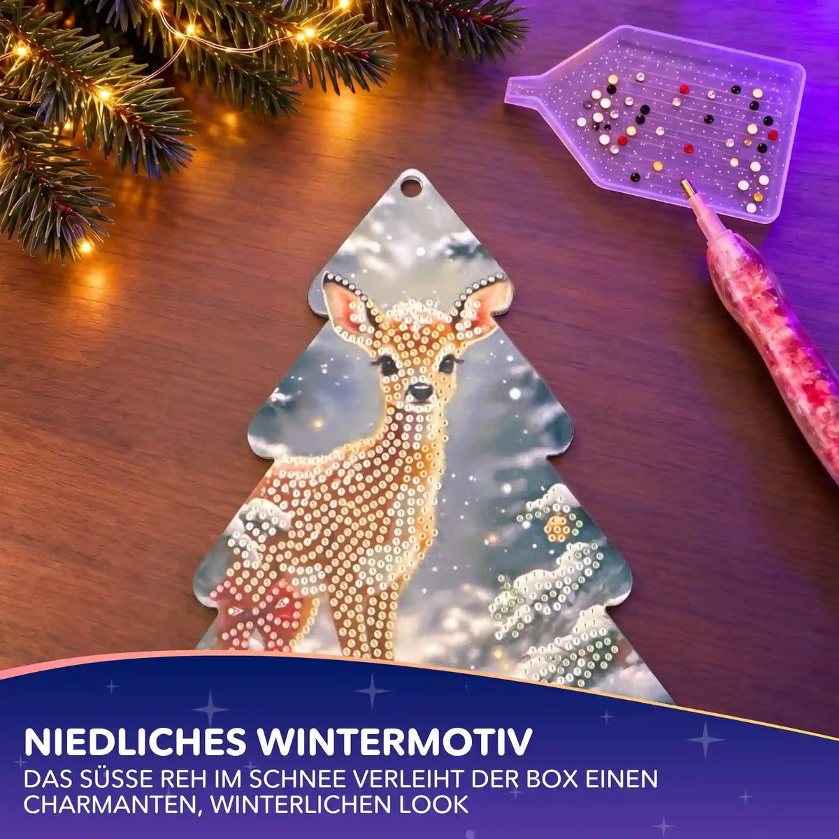 Diamond Painting Weihnachtsbaum-Aufbewahrungsbox mit niedlichem Reh im Schnee und Glitzersteinen