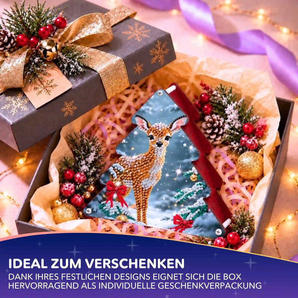 Diamond Painting Aufbewahrungsbox als Tannenbaum mit glitzerndem Weihnachtsreh in festlicher Geschenkverpackung.