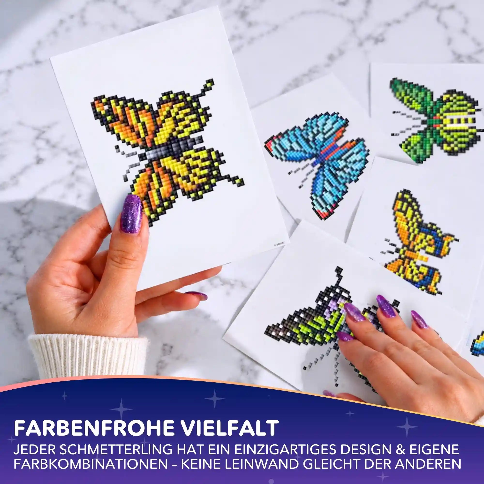Mini Diamond Painting Set mit 16 bunten Schmetterling Motiven auf kleinen Leinwänden für kreativen Bastelspaß.