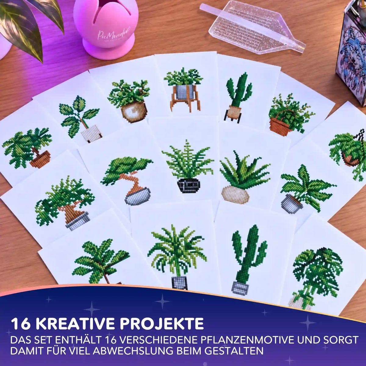 Picmondoo Mini Diamond Painting Set: 16 kleine Pflanzenmotive mit Zimmerpflanzen, Bonsai und Kakteen.