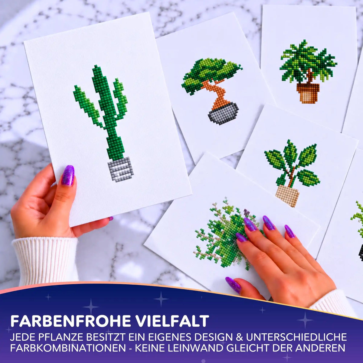 Mini Diamond Painting Pflanzen Set: Kleine Leinwände mit funkelnden Pflanzenmotiven wie Kaktus und Bonsai