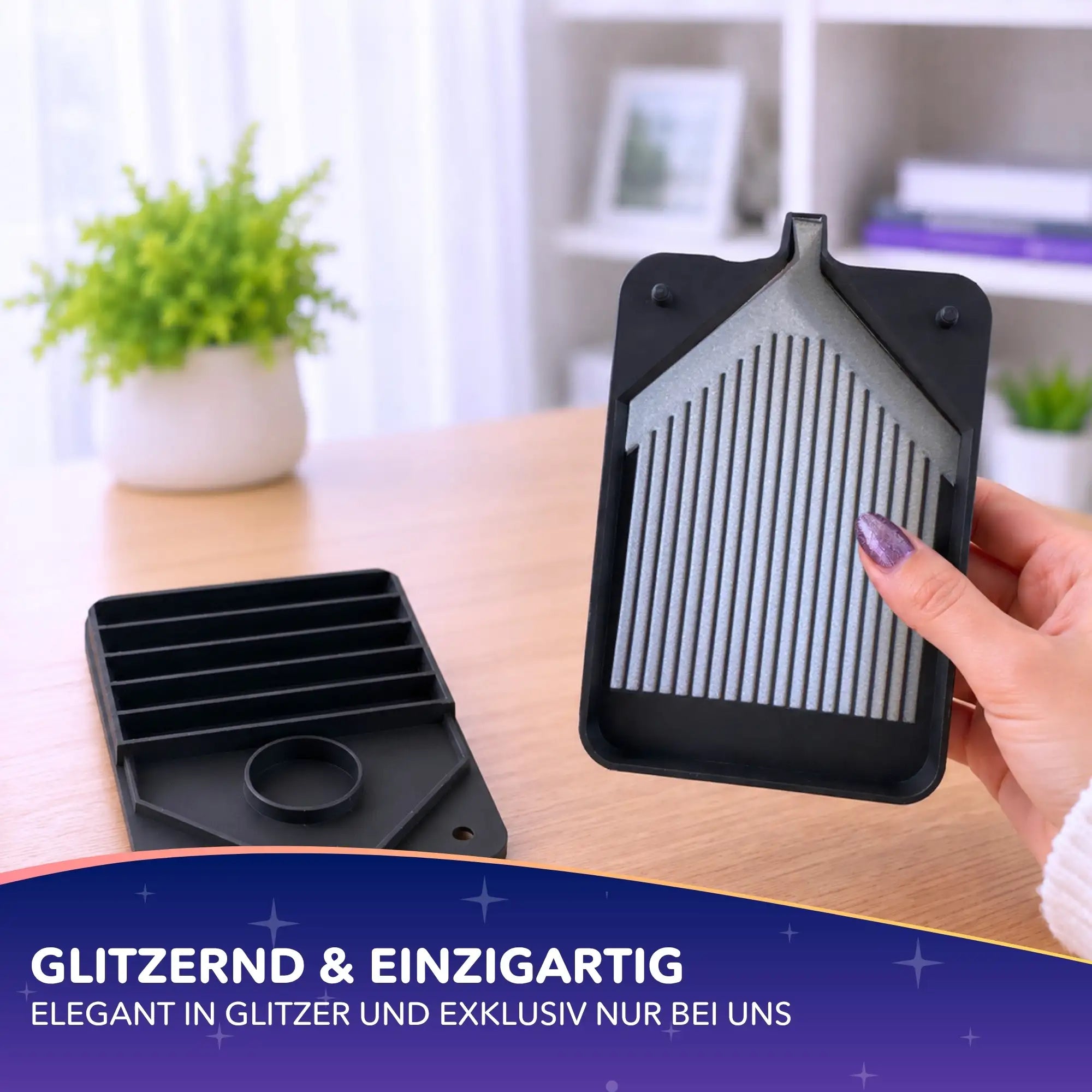 Schwarzes Diamond Painting Schiffchen mit Glitzer-Einsatz als praktisches Zubehör für Diamanten Painting Sets