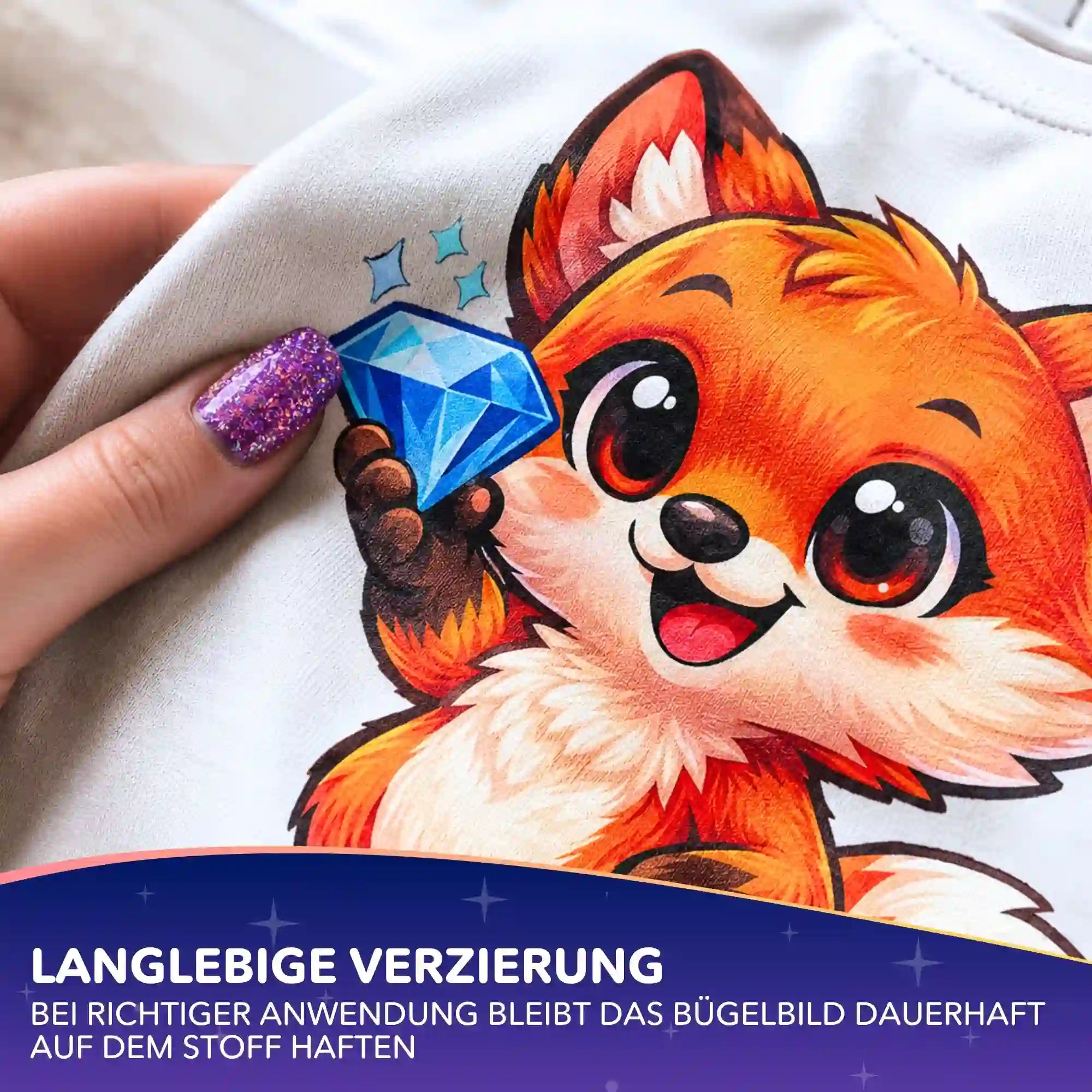 Buntes Diamond Painting Bügelbild mit niedlichem Fuchs und Diamant-Motiv zur Textilveredelung von Stoffen
