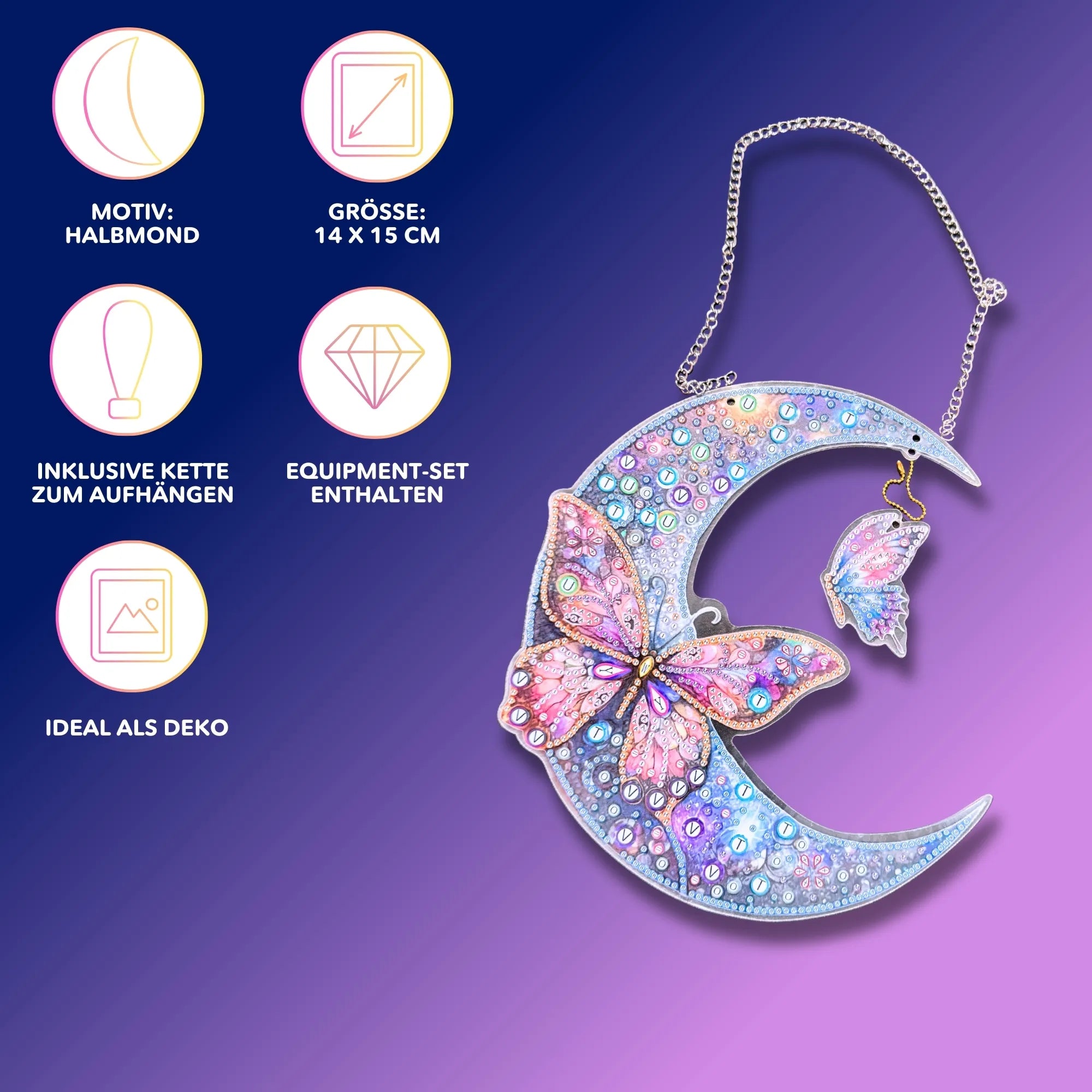 Diamond Painting Aufhänger - Halbmond mit Schmetterlingen
