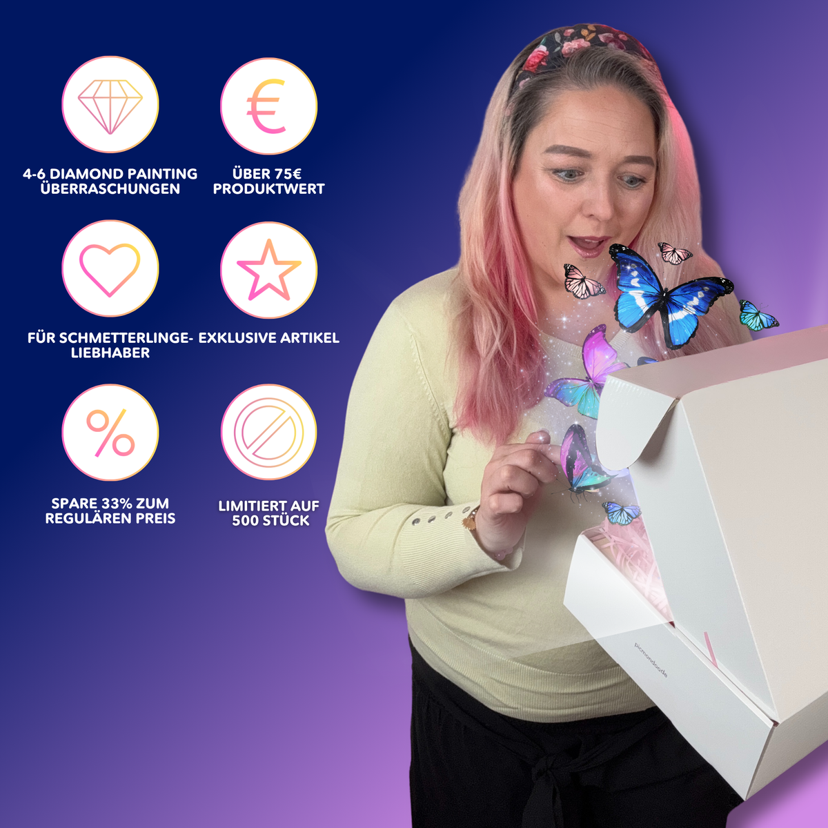 Frau öffnet limitierte Diamond Painting Mystery-Box mit Schmetterlings-Motiv und exklusiven Bastel-Überraschungen