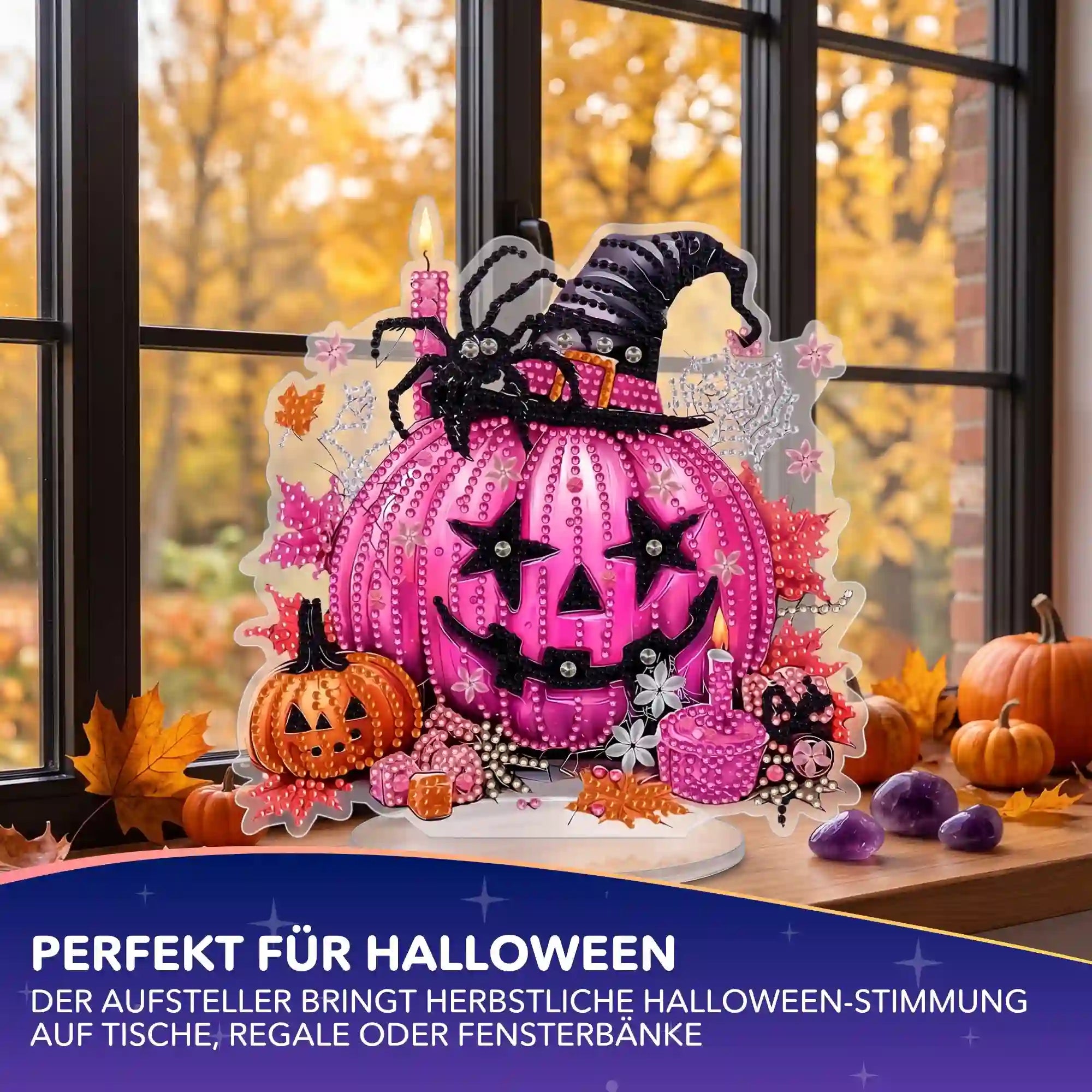Glitzernder Diamond Painting Aufsteller: Pinker Halloween Kürbis mit Hexe und Spinne als moderne Tisch- und Fensterdeko.