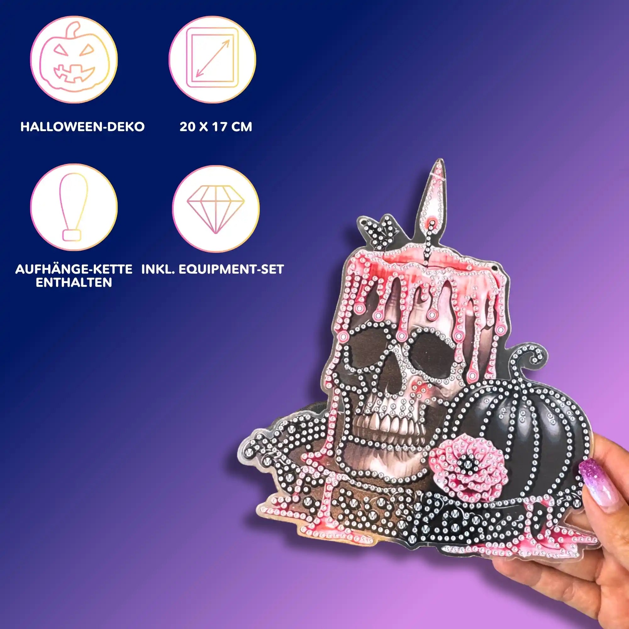 Diamond Painting Aufhänger Totenkopf-Kerze als Halloween-Deko mit Glitzersteinen und enthaltenem Equipment-Set