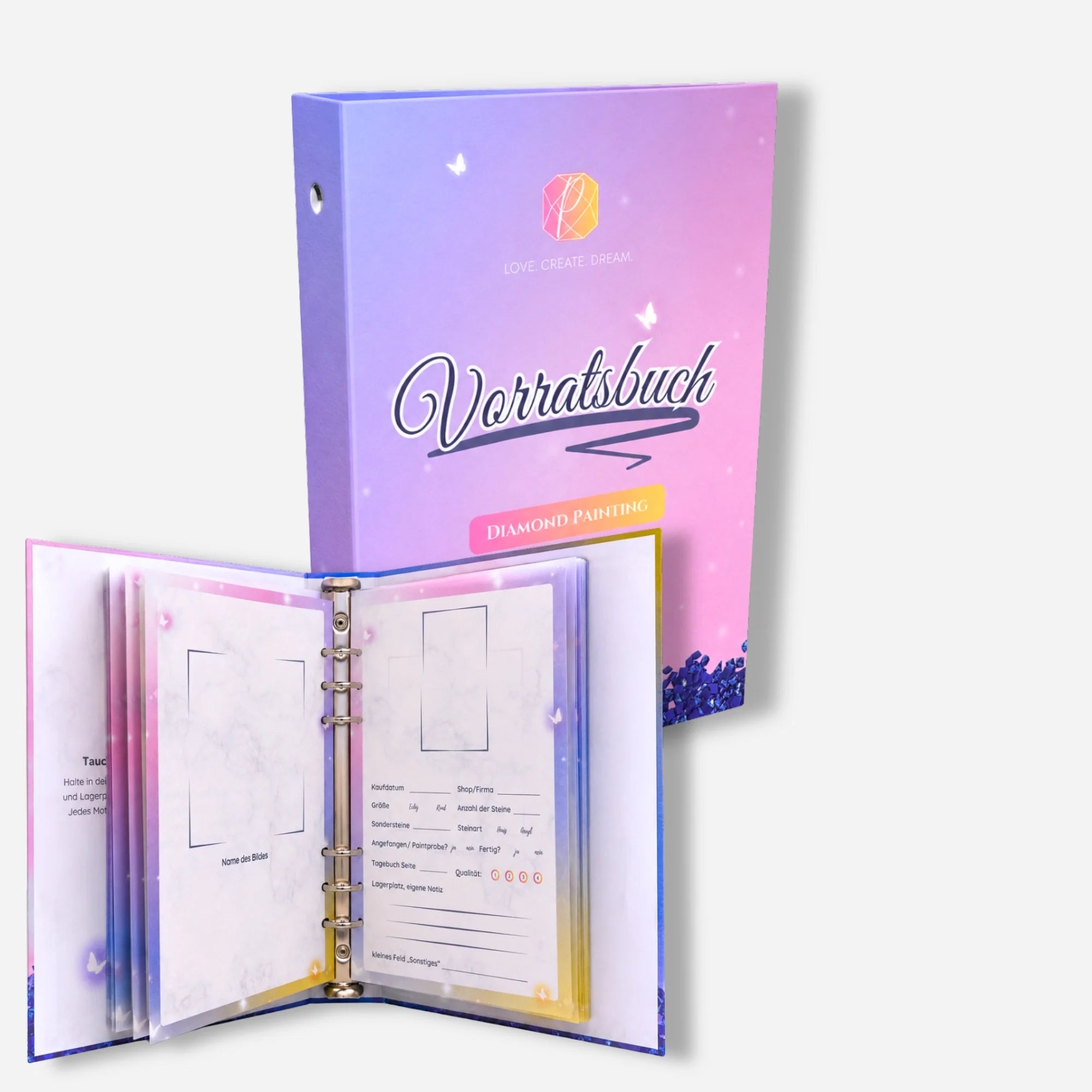 Diamond Painting Vorratsbuch zur Organisation deiner Kunstwerke mit Ringbuch-System für Notizen zu Steinen und Projekten.