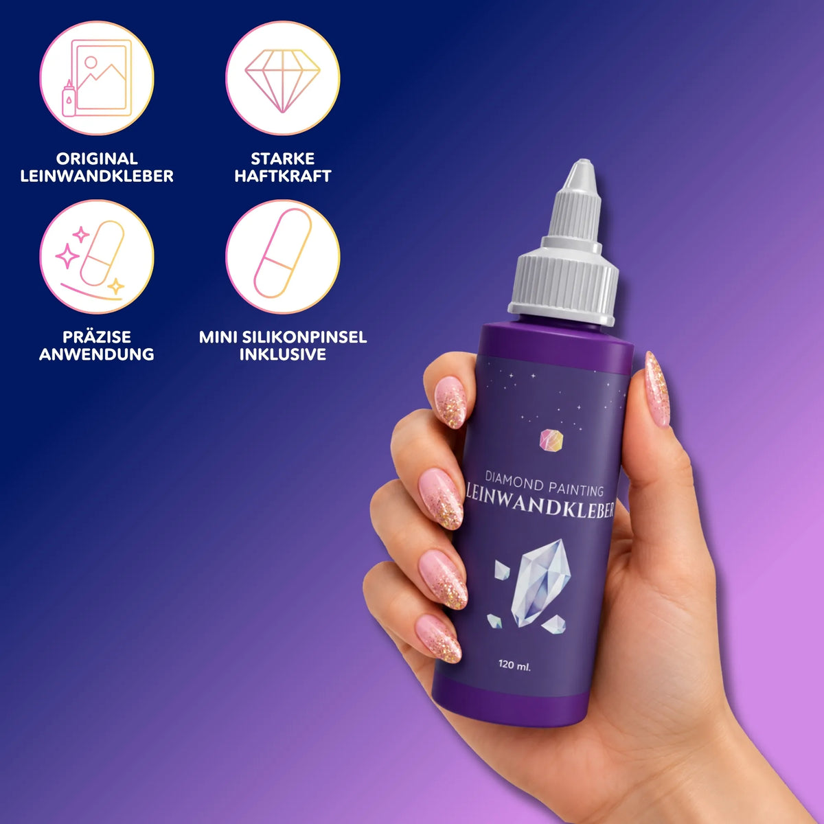 Hand hält violette Diamond Painting Leinwand Kleber Flasche für starke Haftkraft auf DIY-Leinwänden