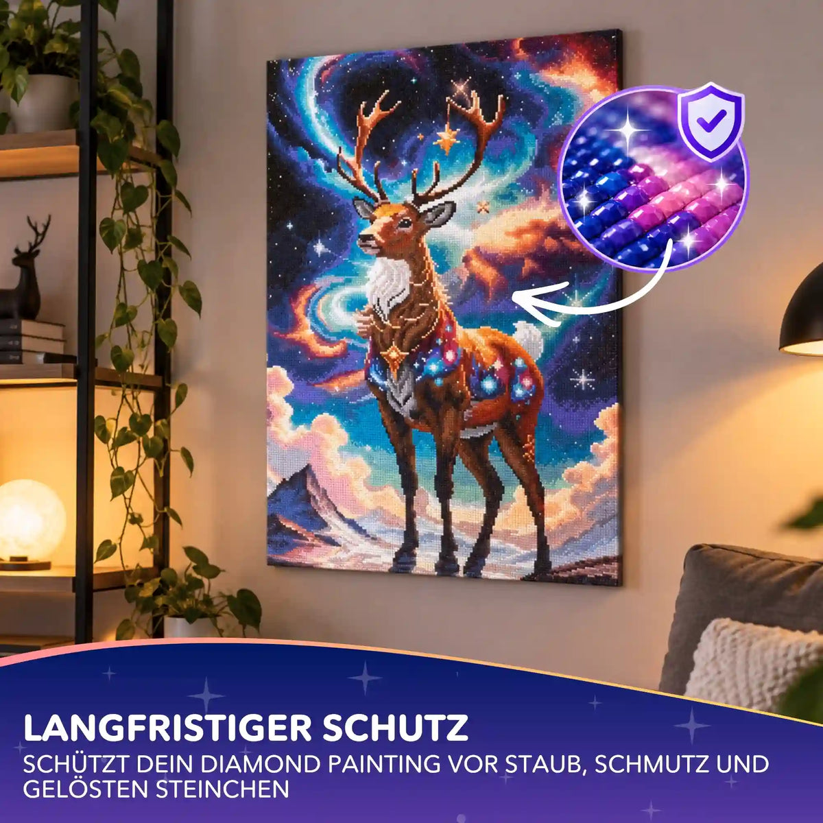 Diamond Painting Hirsch-Bild geschützt mit Versiegelung für dauerhaften Glanz der Steinchen
