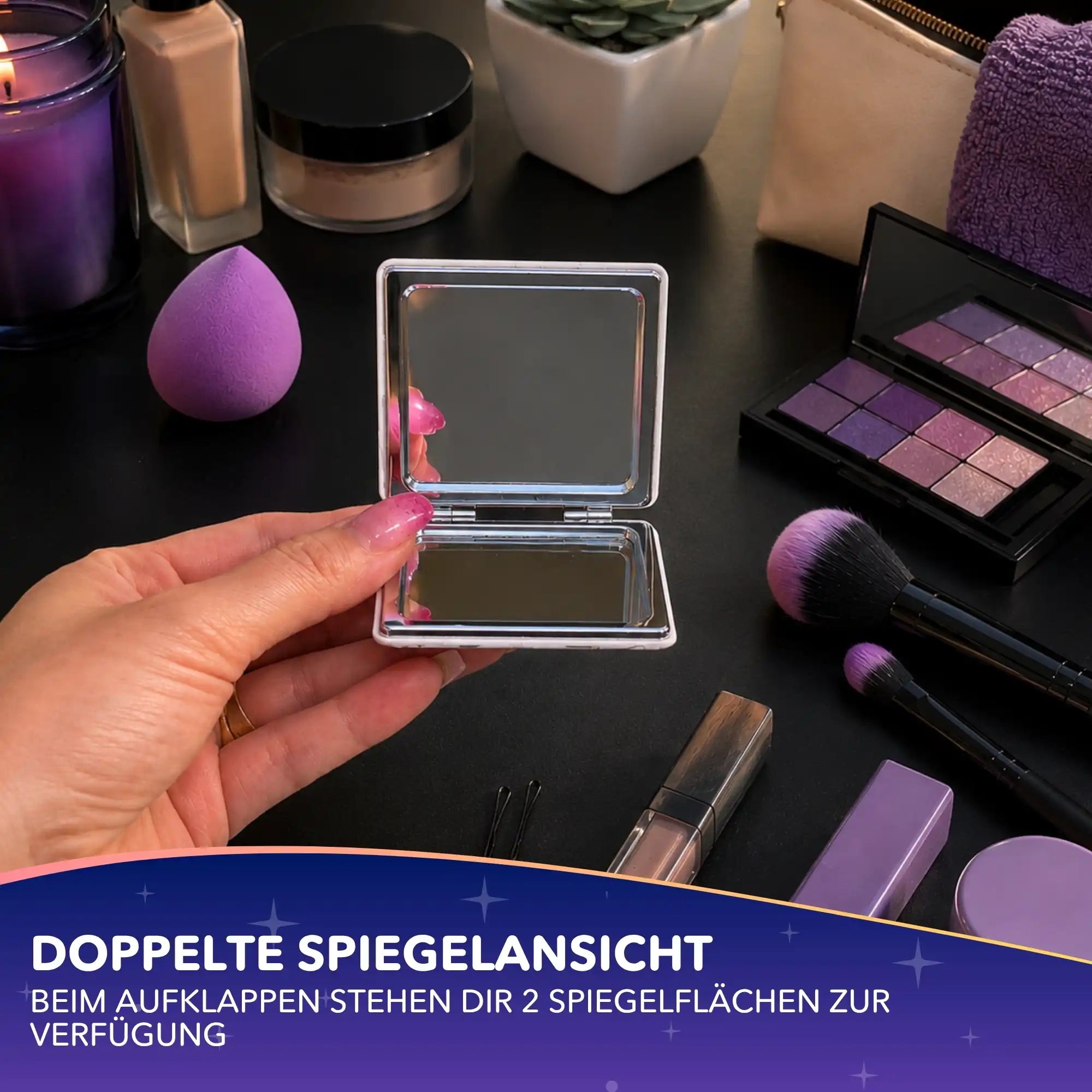 Diamond Painting Taschenspiegel mit Mandala-Motiv und doppelter Spiegelfläche zum Aufklappen für unterwegs.