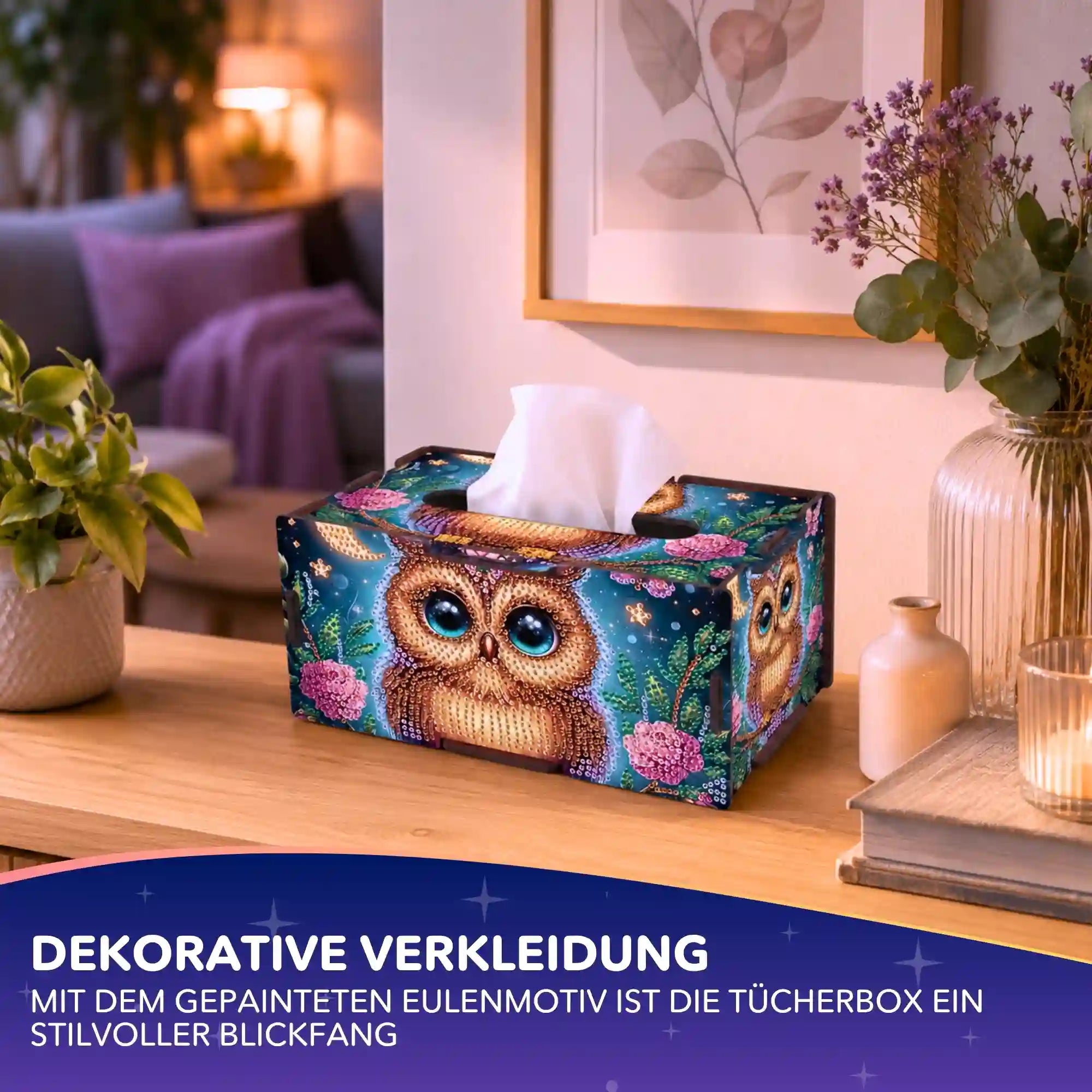 Diamond Painting Tücherbox mit funkelndem Eulenmotiv als DIY-Deko für Zuhause