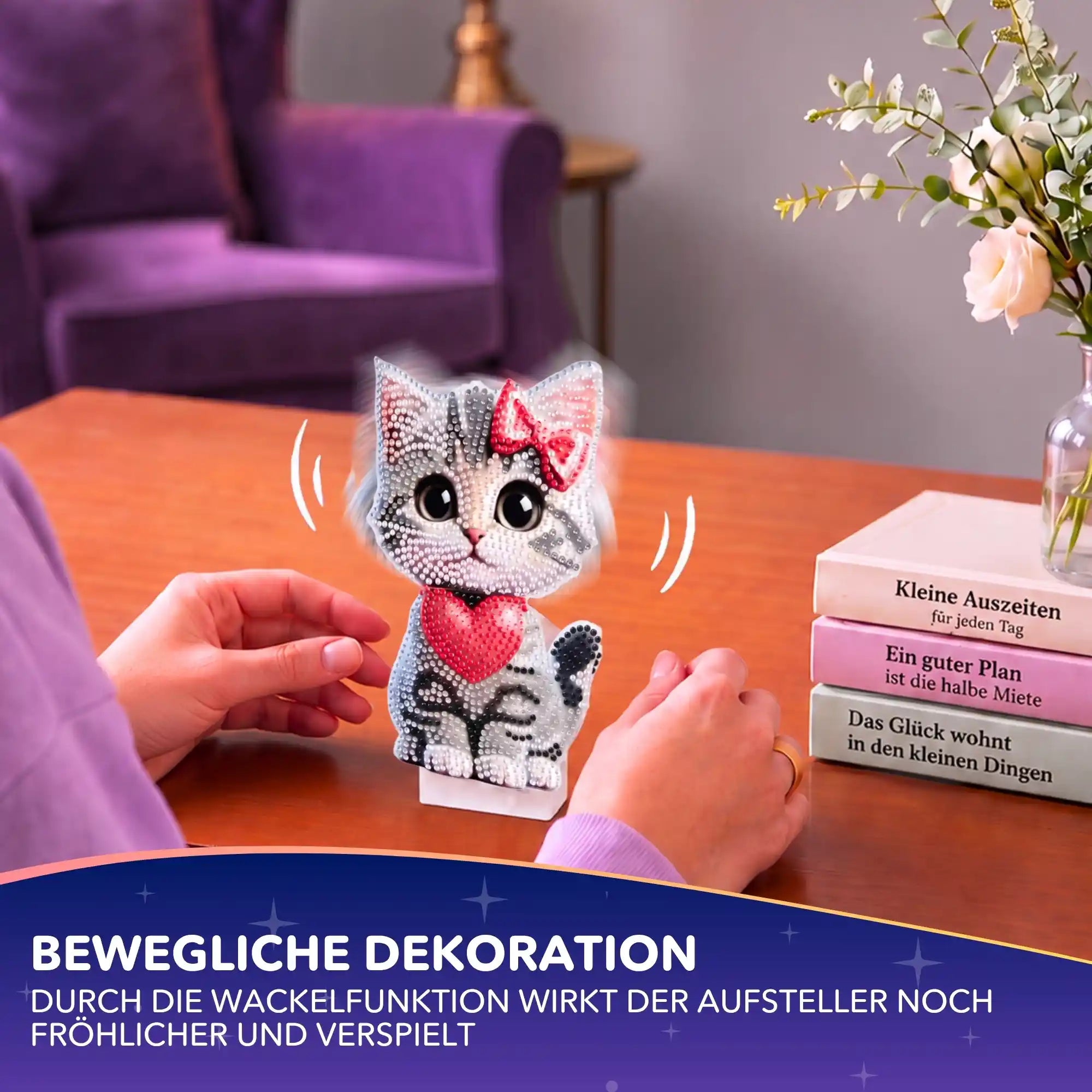 Diamond Painting Aufsteller Wackelkatze mit glitzernden Steinen und Herz als dekoratives DIY-Bastelset für Katzenliebhaber