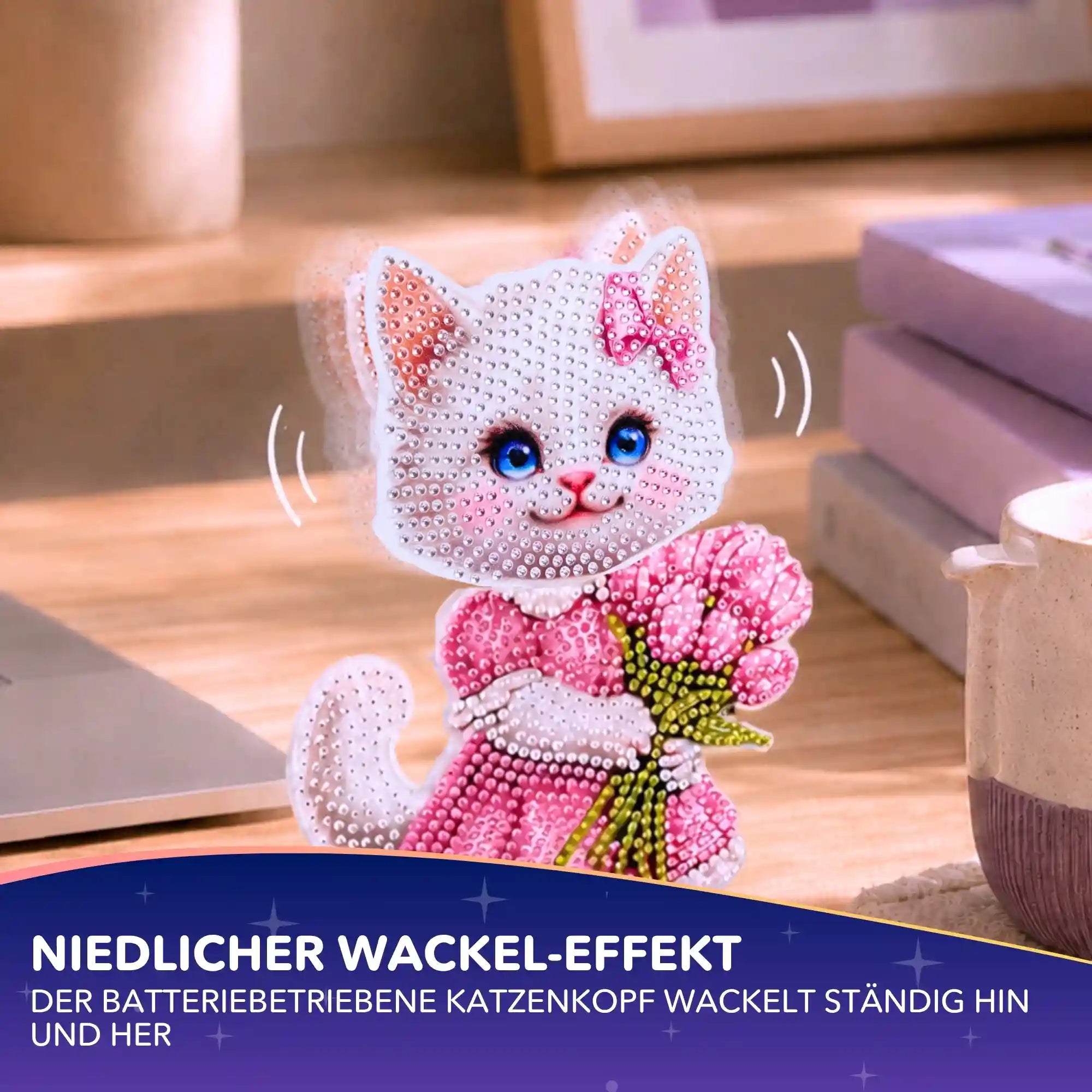Diamond Painting Aufsteller Wackelkatze mit Blumenstrauß aus funkelnden Steinen als niedliches DIY-Bastelset für Katzenfans