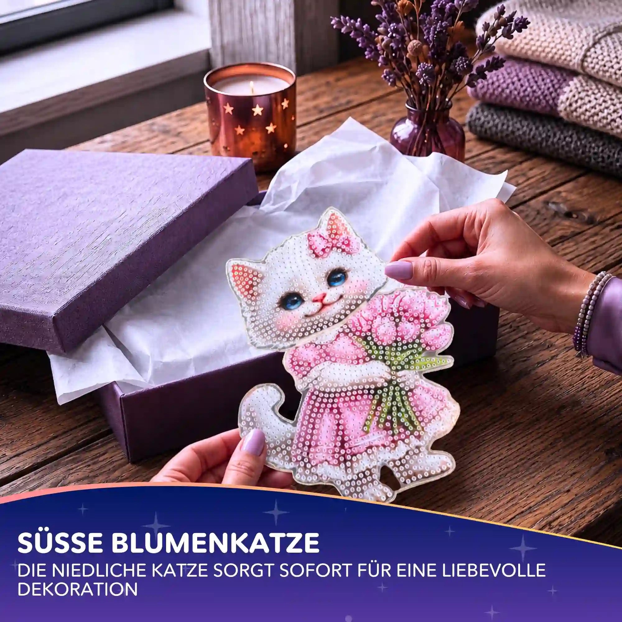 Diamond Painting Aufsteller als niedliche Katze mit Blumenstrauß aus funkelnden, bunten Glitzersteinen