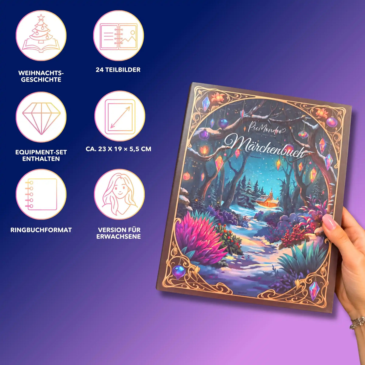 Picmondoo Diamond Painting Märchenbuch für Erwachsene: Winterliches Buchcover mit 24 Teilbildern & Zubehör