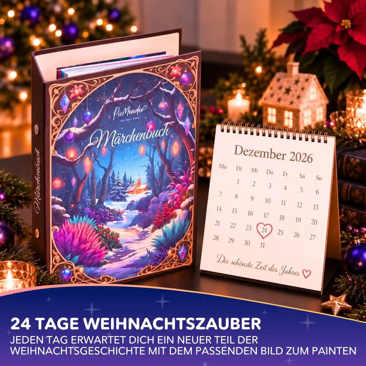 Picmondoo Diamond Painting Märchenbuch Adventskalender für Erwachsene mit Winterwald-Cover und Tischkalender