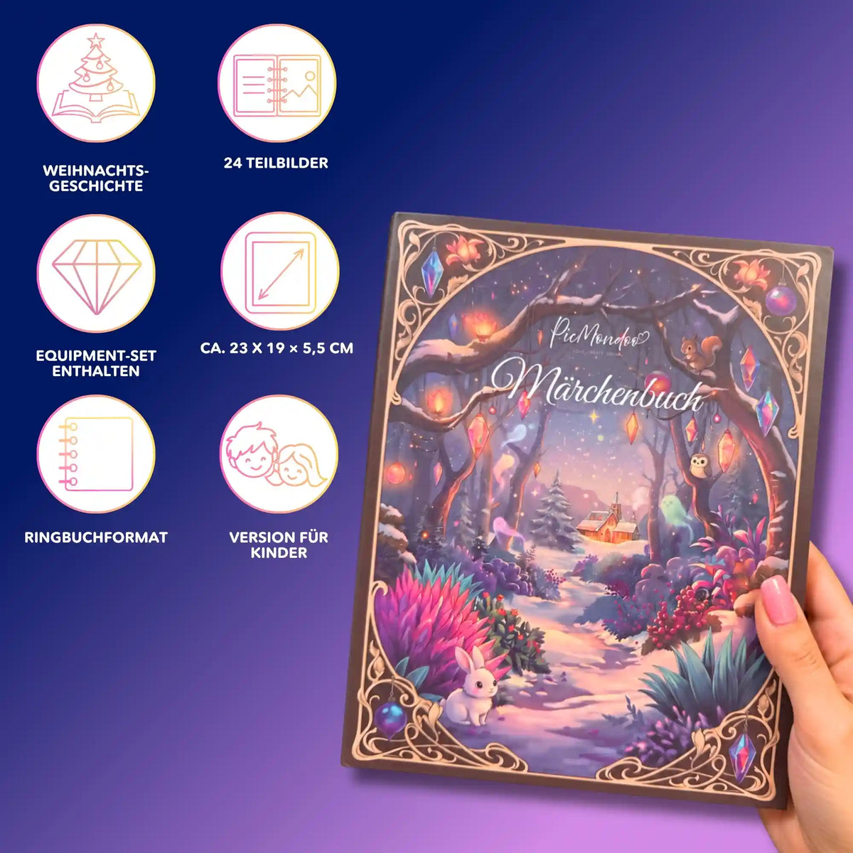 Picmondoo Diamond Painting Märchenbuch für Kinder: Zauberhaftes Winterwald-Cover mit kleinem Hasen und Lichtern