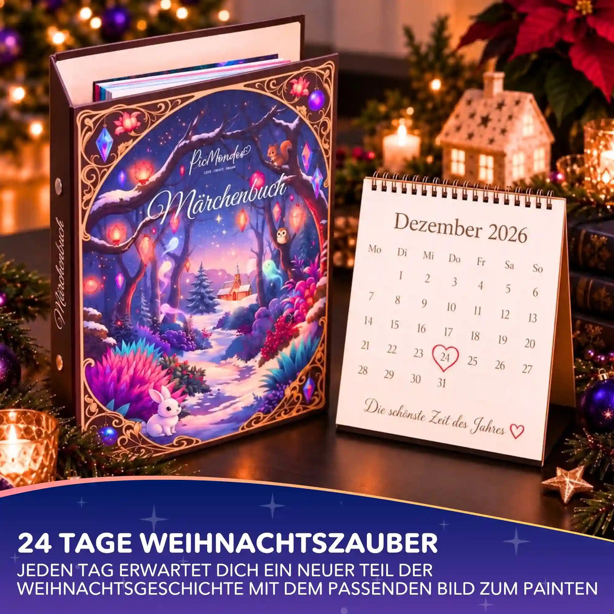 Picmondoo Diamond Painting Märchenbuch Adventskalender mit magischer Winterlandschaft und Kalender.