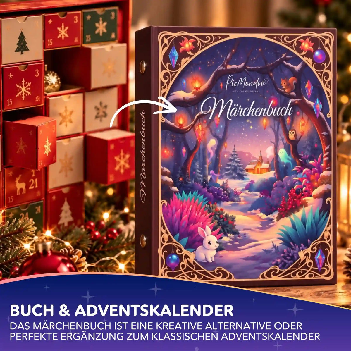 Picmondoo Diamond Painting Märchenbuch mit magischem Winterwald-Cover neben festlichem Adventskalender.