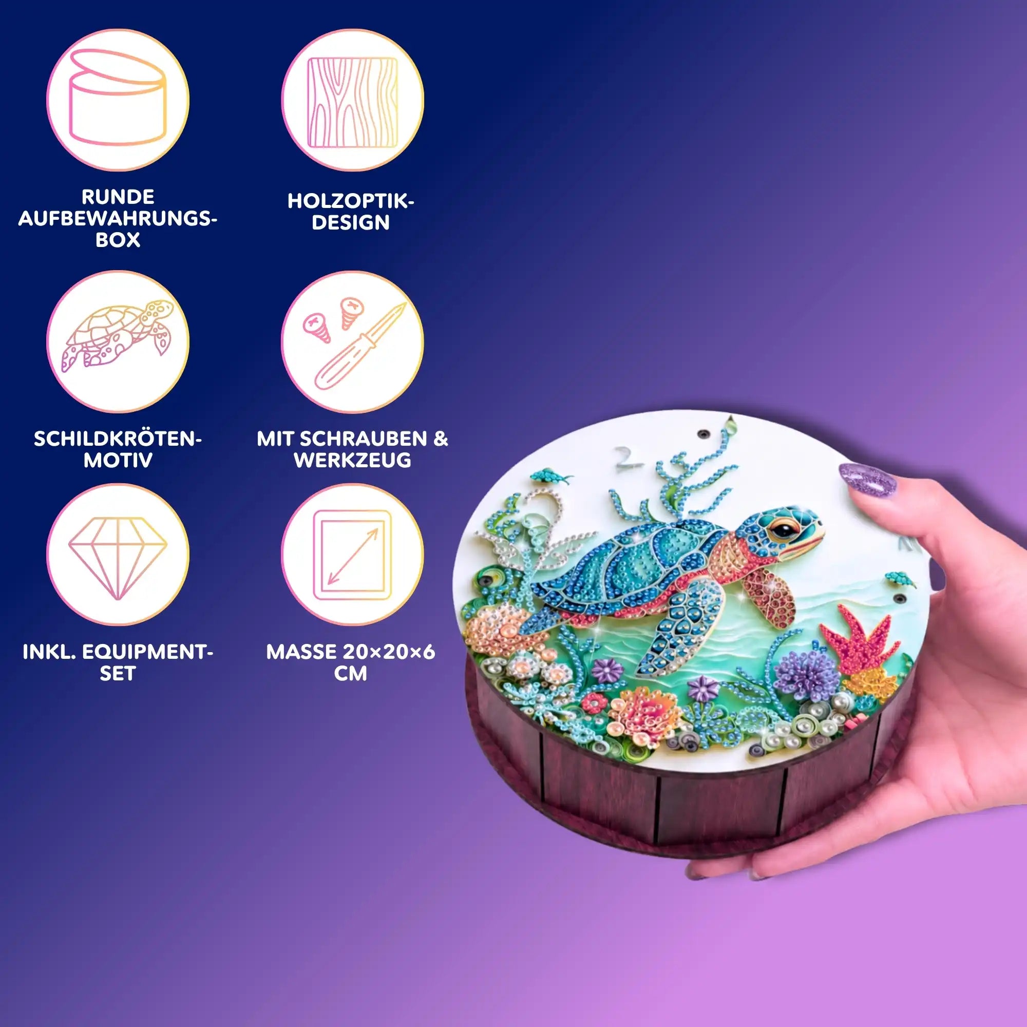 Runde Diamond Painting Aufbewahrungsbox mit Schildkröten-Motiv, Holzoptik und buntem Unterwasser-Design für Zubehör.