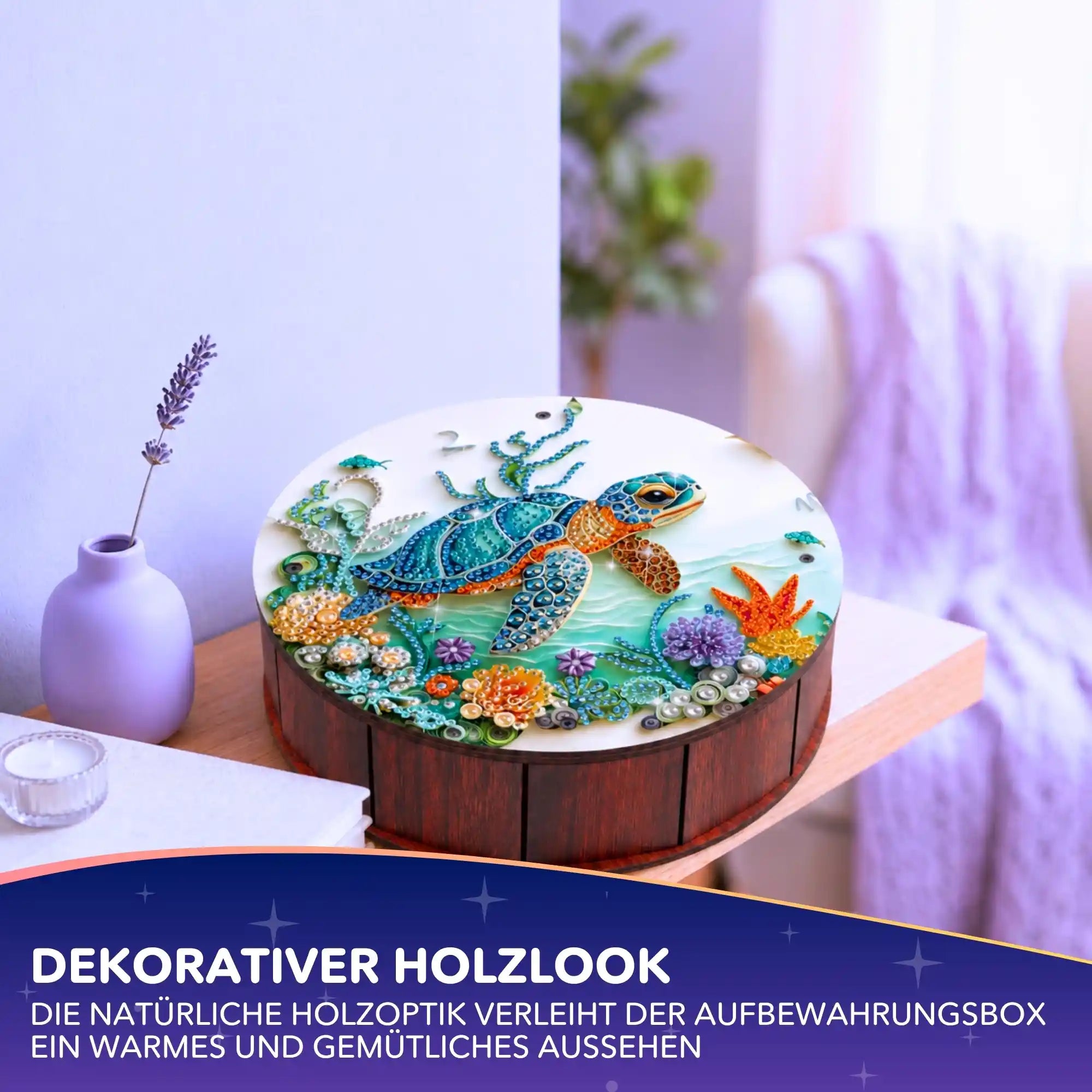 Diamond Painting Aufbewahrungsbox mit Schildkröten-Motiv aus glitzernden Steinen auf einer Holz-Dose