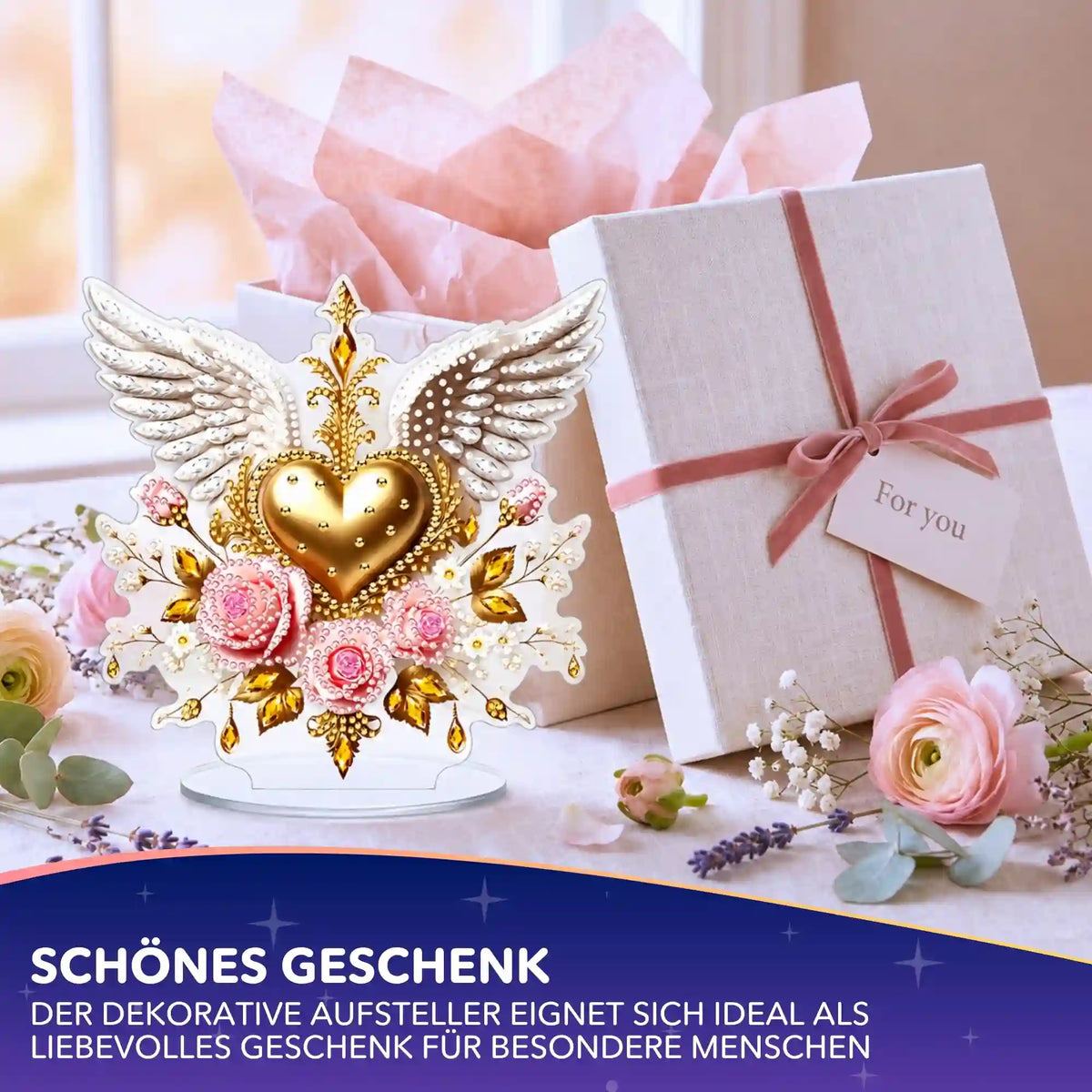 Diamond Painting Aufsteller Herz mit Engelsflügeln und Blumen als glitzerndes DIY-Geschenk mit Standfuß