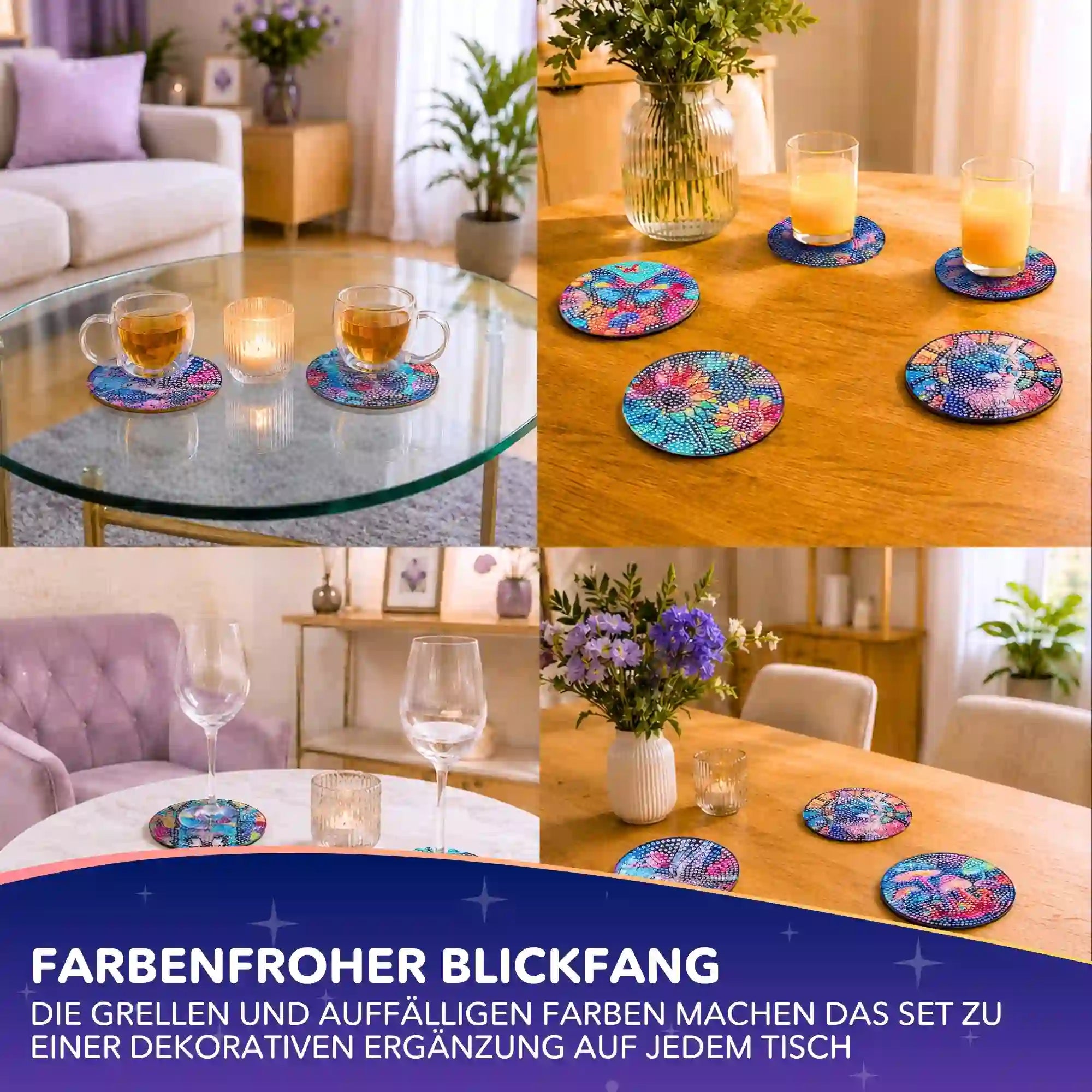 Diamond Painting Untersetzer mit bunten Tiermotiven, dekoriert mit leuchtenden Strasssteinen auf Tischen im Wohnbereich.