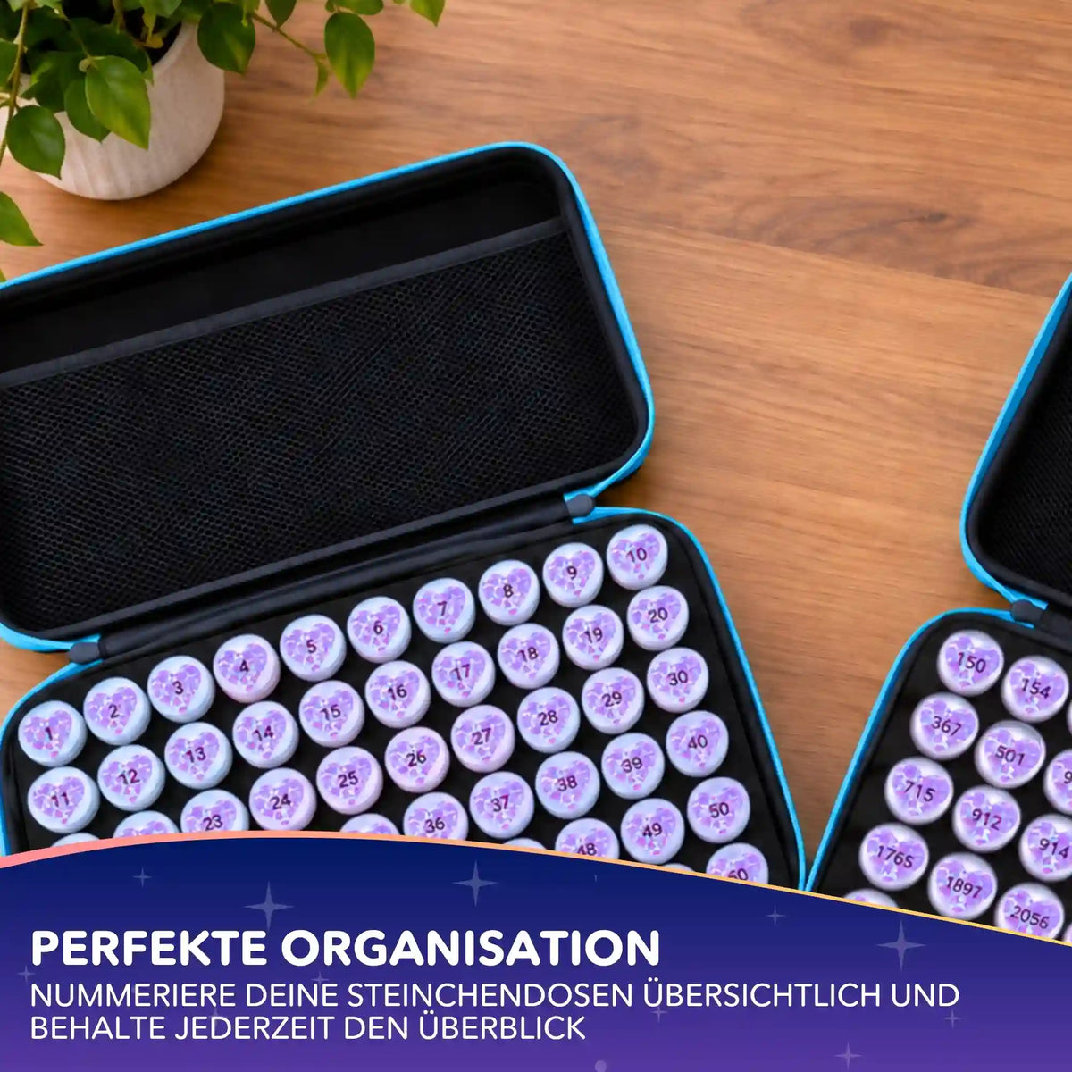 Diamond Painting Koffer mit lila Herz-Stickern und DMC-Nummern zur Organisation von Steinchendosen