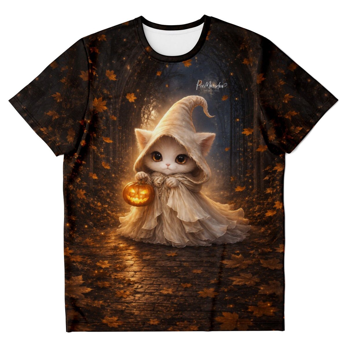 T-Shirt mit süßer Katze im Hexenkostüm und Kürbis, inspiriert von Diamond Painting Motiven für echte DIY-Fans