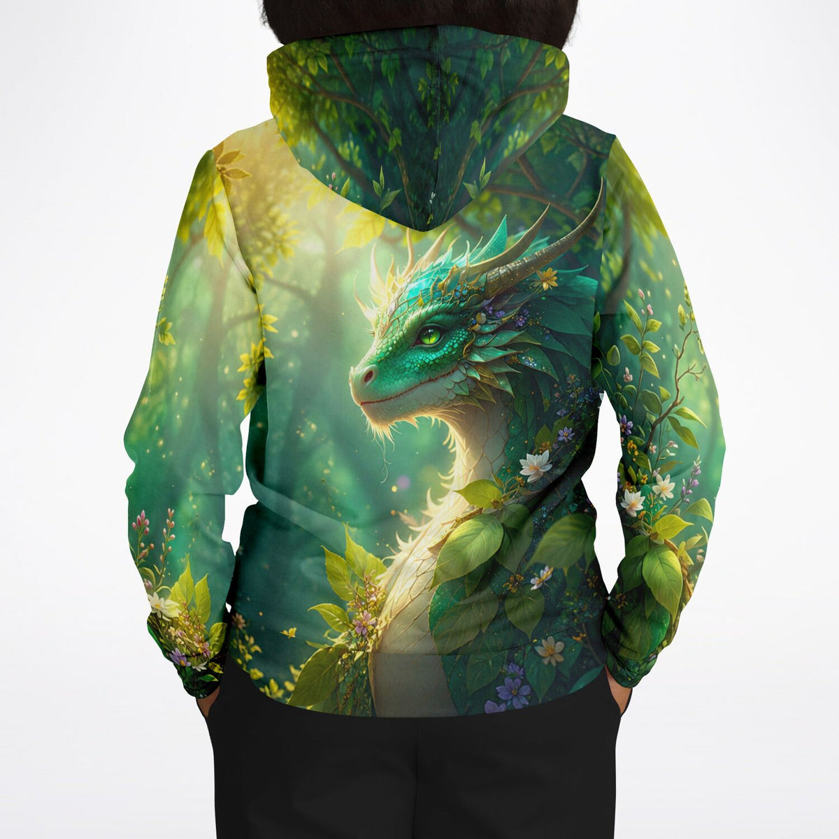 Dreamer Hoodie mit grünem Drachen-Motiv im Smaragdwalddesign, inspiriert von populären Diamond Painting Fantasy-Motiven.