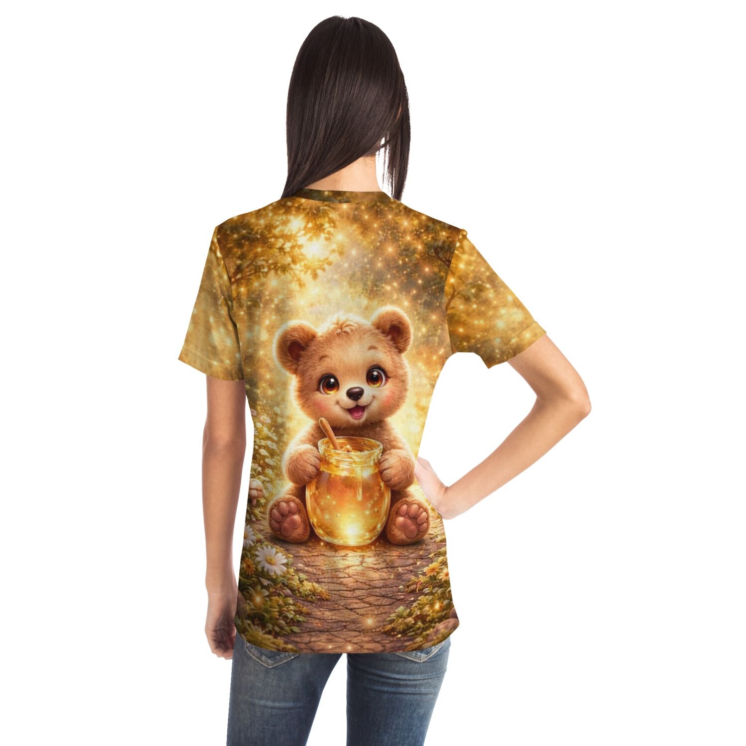 T-Shirt mit süßem Teddybär-Druck im Stil von Diamond Painting Motiven, glitzernde Waldkulisse mit Honigtopf