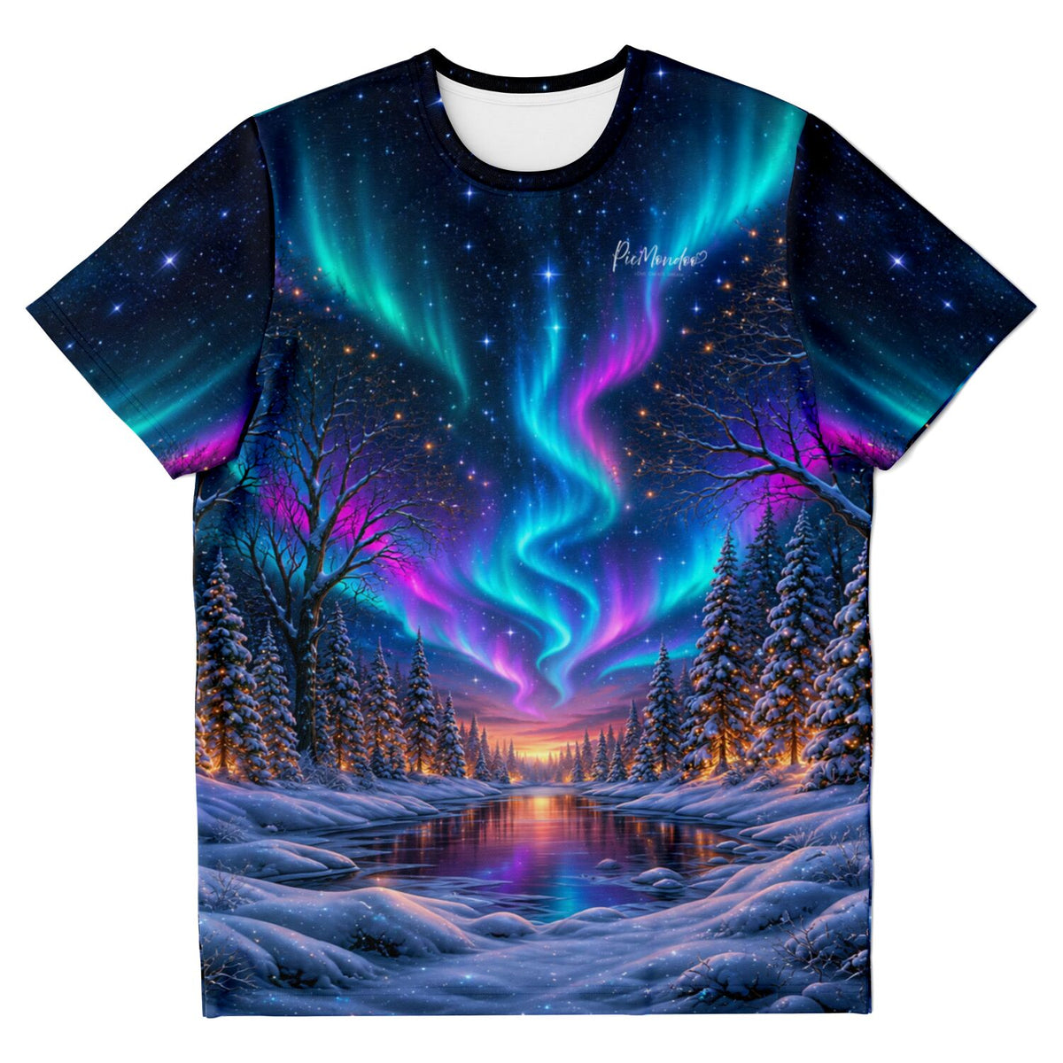 Dreamer T-Shirt mit Polarlicht-Motiv über einer Winterlandschaft, ideal für Fans von Malen nach Zahlen und Diamond Painting