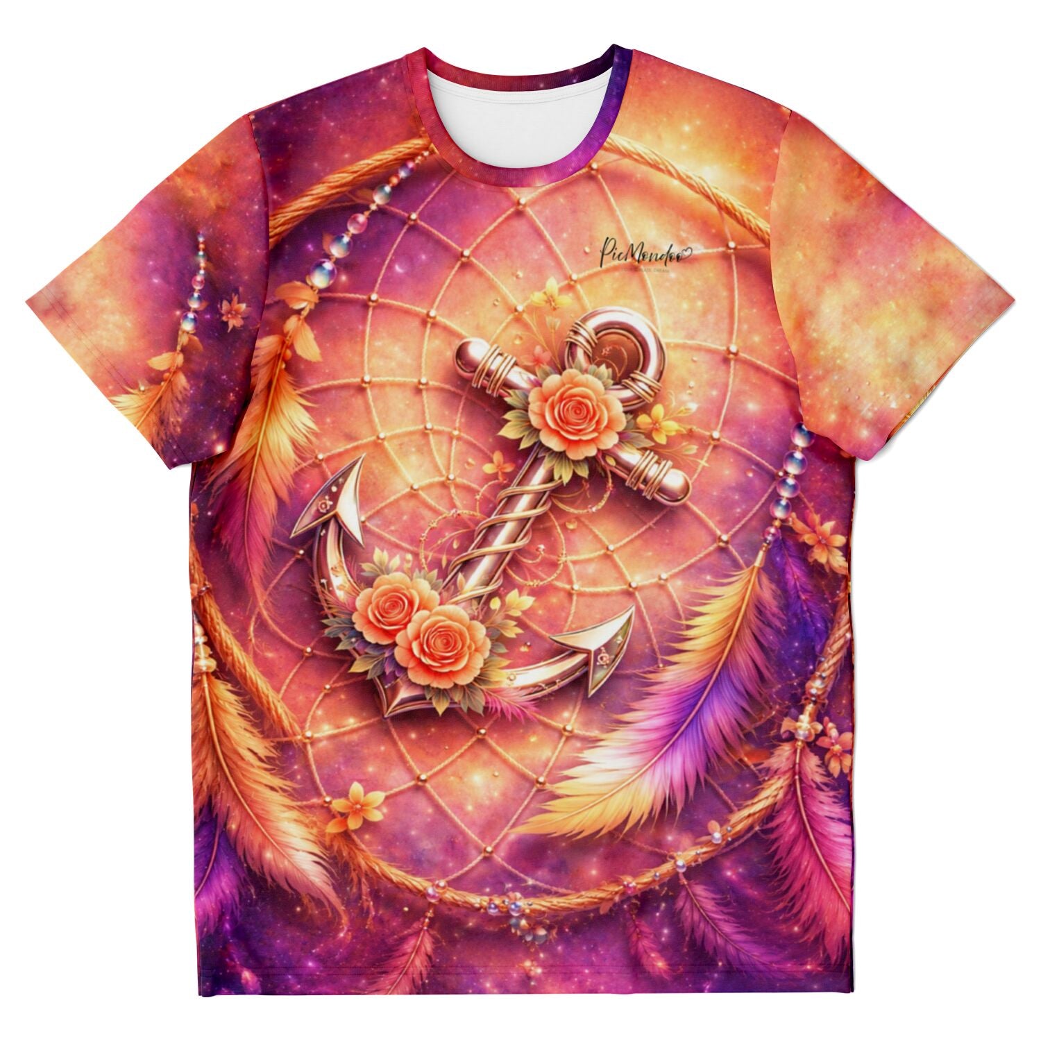 T-Shirt mit buntem Traumfänger, Anker und Rosen Motiv im Diamond Painting Stil, passend für DIY-Fans