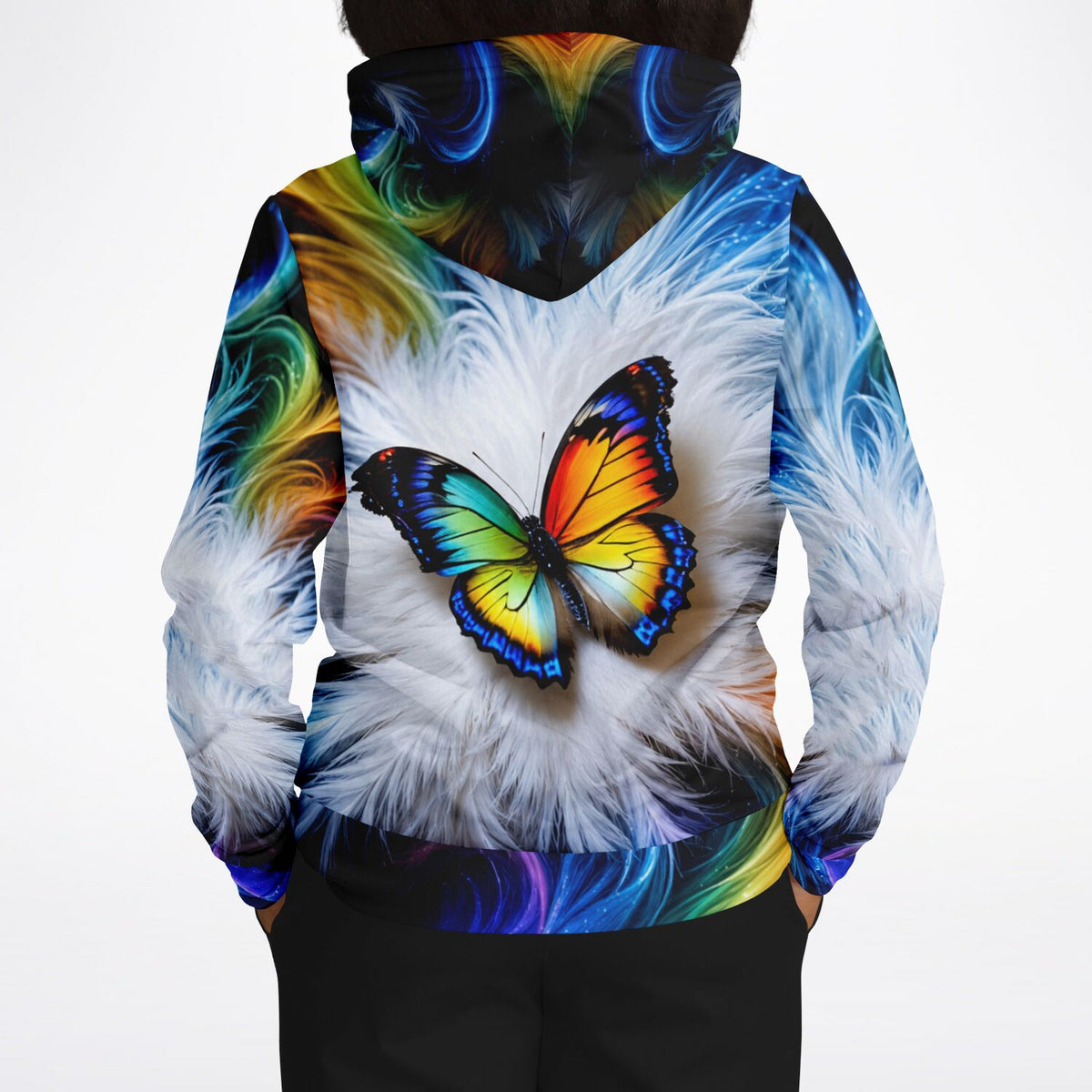 Dreamer Hoodie mit farbenfrohem Schmetterling auf weißem Feder-Design, All-Over-Druck für Fans kreativer Kunststile.